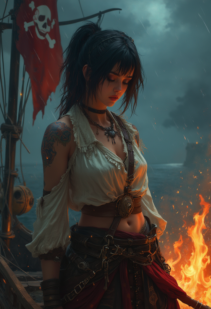 female pirate, 22 years old, ,focus on character, portrait,  looking down, solo, upper body, detailed background, (<lora:AlchemyPunkAI:0.6>, alchemypunkai theme:1.1), cursed privateer, tattoos, simple  pirate captain outfit, eyepatch,  amulet, determined,  sypglass, high seas,  jolly roger flag, flames,    kraken, dark storm, raining,  dark shadows, pirate fantasy atmosphere,