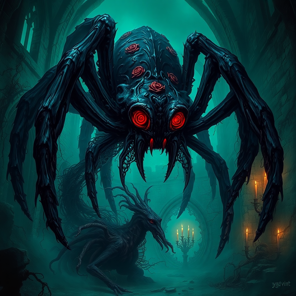 yfg-v1nt, Dark fantasy illustration, giant spider-like creature with red eyes and rose-shaped markings, Gothic ruins with crumbling arches, eerie greenish-blue lighting, tangled vines and roots, shadowy and menacing atmosphere, detailed textures on the creature's body, candlelit scene in the background, spooky and haunting vibe, intricate detailing, horror-themed, unsettling and creepy mood, Gothic architecture, detailed and immersive, captivating and eerie composition, nightmarish and macabre visual.
