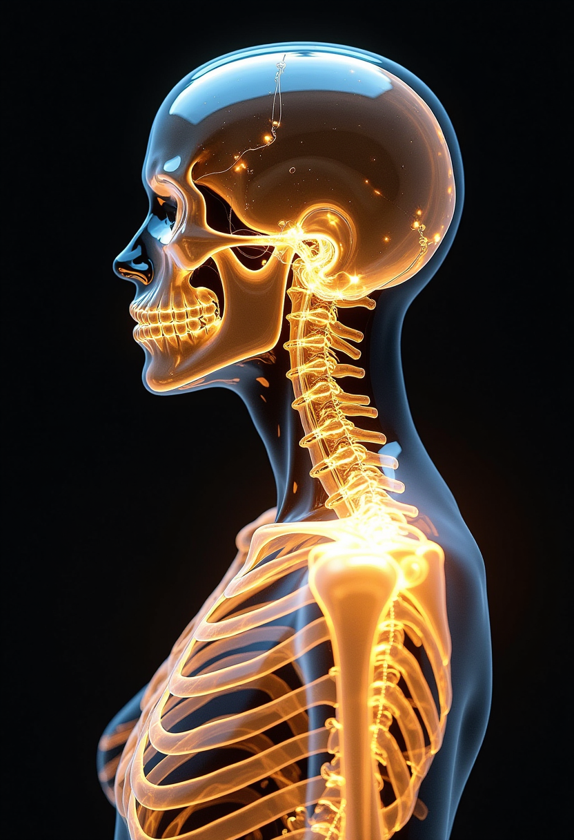 an ultrarealistic x-ray woman whose bones are made of shimmering gold, and the rest of her is made of otherworldly iridescent material.