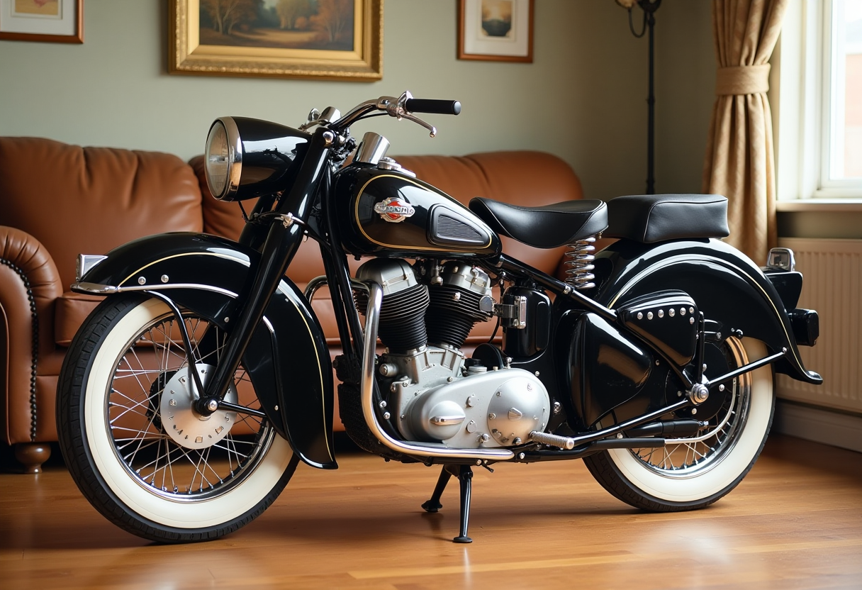 oil painting-ultraphotographic: Motorcycle from the 40s/50s, glossy black with chrome details, wide and massive, on white wheels with black, shiny spokes. Front with a large reflector, short handlebar, girder fork, full mudguards - shiny with a silver back, V-twin engine, counter. Leather, triangular, black saddle with studs on springs, and a narrow passenger saddle - silver leg under the rear wheel - The motor stands in a home living room from the 50s. full hd. 8k
