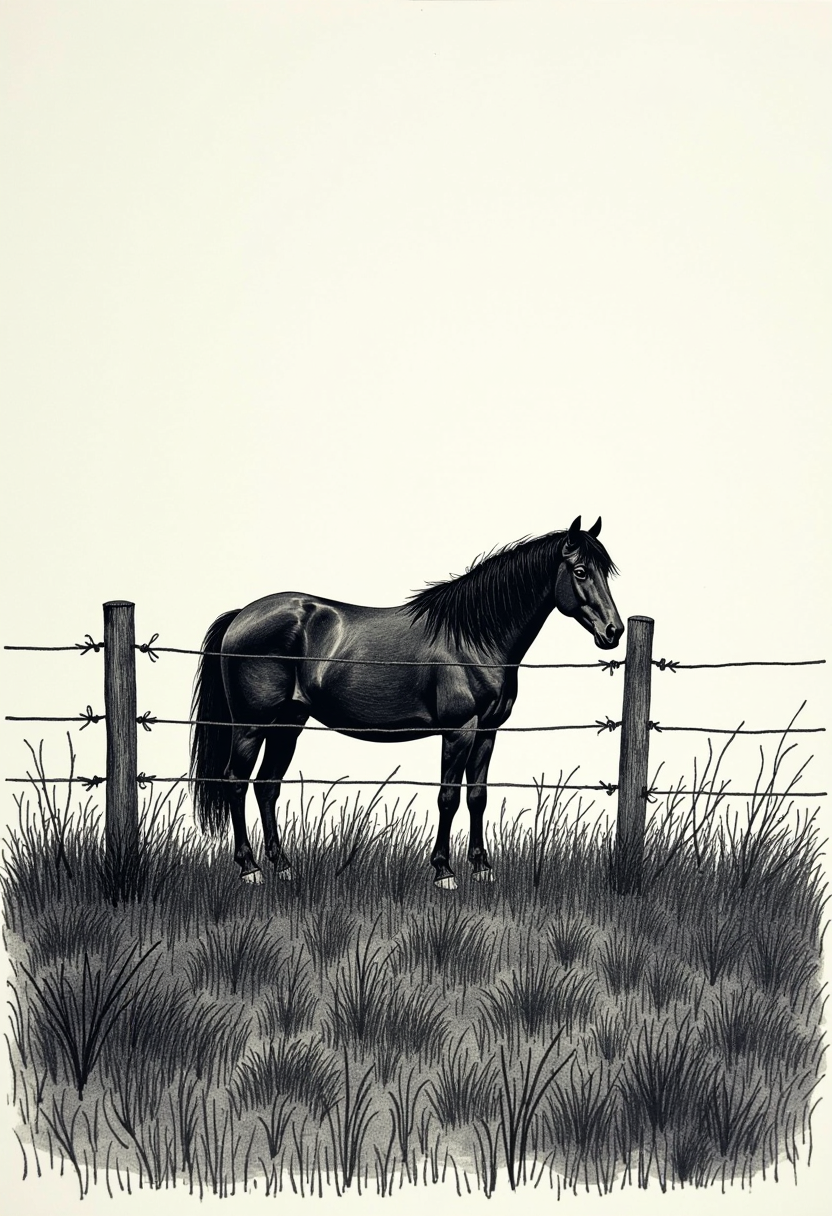Example: Black etching scribble art of a pasture and a horse behind a bobwire fence