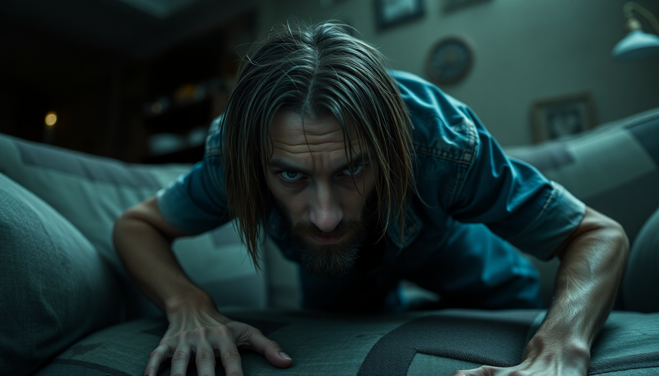 **Subject:** A gaunt man with the appearance of a junkie, dressed in worn denim, sporting long, greasy hair and stubbles on his face. His posture is unsettling, as he crawls over a tattered couch in a dimly lit living room, his eyes locked onto the camera with a malevolent glare.

**Visual Details:** 
- **Texture:** The man's skin appears pale and sallow, with visible veins under the skin. His hair is lank and greasy, clinging to his forehead. The couch is covered in mismatched, faded fabric with visible stains and tears.
- **Colors:** Predominantly muted and desaturated, with a heavy use of browns, grays, and blues. The colors seem to shift subtly, creating an uneasy, surreal atmosphere. The man's eyes might have a slight unnatural glow or color shift, enhancing his eerie presence.
- **Lighting:** The room is illuminated by a single, flickering light source, casting deep shadows and harsh contrasts, contributing to the sinister mood.

**Style:** 
- **Artistic Influence:** Inspired by David Lynch's surreal, dream-like aesthetic, with elements reminiscent of "Twin Peaks." 
- **Photography Technique:** Employ a colorshift style where hues subtly change, giving the scene an otherworldly, slightly distorted feel.

**Composition:** 
- **Framing:** The shot is composed with the man slightly off-center, the couch filling much of the frame, creating a claustrophobic feel. The camera angle is low, making the man appear more imposing and the room more oppressive.
- **Depth of Field:** A shallow depth of field focuses on the man, with the background slightly blurred, emphasizing his menacing presence.

**Mood and Atmosphere:** 
- **Ambiance:** The room exudes a palpable sense of dread and discomfort, amplified by the eerie silence or a distant, unsettling noise. The time feels like late evening or night, with the outside world obscured by heavy curtains or darkness.
- **Weather:** Though not directly visible, the atmosphere suggests a cold, damp environment, perhaps with the sound of rain or wind outside.

**Technical Aspects:** 
- **Focus:** Use selective focus to highlight the man's intense gaze and the texture of his surroundings.
- **Color Grading:** Apply a Lynchian color grade with a focus on shifting tones to create an unsettling, dream-like quality.

**Cohesion:** The scene should evoke a sense of intrusion into a private, unsettling moment, where the viewer feels both observed and vulnerable. The elements of
