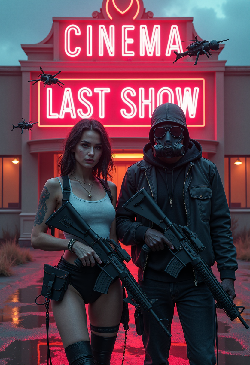 Ultra-realistic and ultra-detailed image: armed figures stand in front of a ruined cinema with a neon sign reading "CINEMA LAST SHOW". A woman with cybernetic details holds a futuristic rifle, next to her a man in a gas mask. Insect drones hover above them. The scene is in the style of a cyberpunk movie - painterly, semi-realistic, with neon lighting in a dark, post-apocalyptic atmosphere. full hd approx.