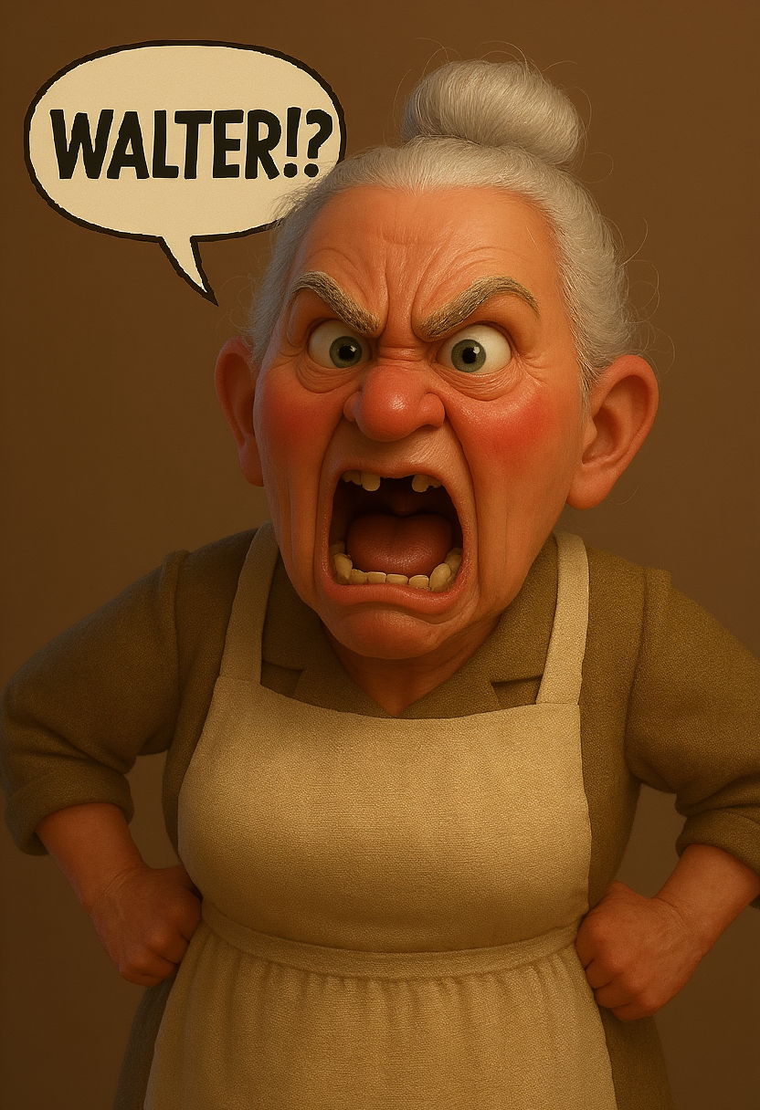 his old wife looking very, very angry with speech bubble "WALTER !?" with her hands in her hips as angry position. Upper body shot. She wearing a kitchen apron and her face is red because of her annoying, her mouth is wide open like she is screaming showing some missing teeth