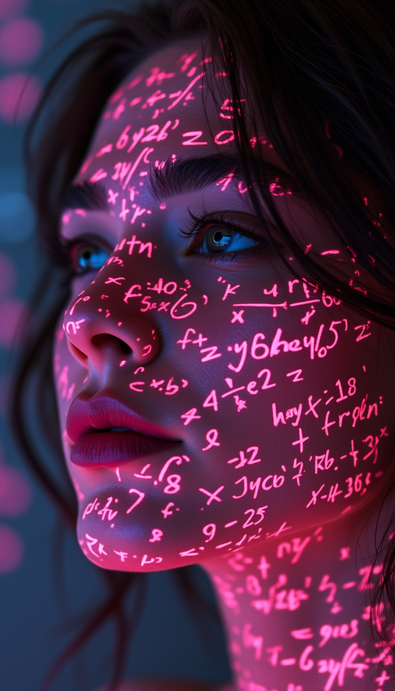 Shadowrun Math Projection - A close-up of a person's face (Jessica Szohr) with set logical ambient background, DayGlo pink black holographic equations projected Crisis Point their skin. The background is Ghost and [Egyptian|Folk] , with the equations appearing Cinestill and ever-changing, creating a World of Warcraft and perfect symmetry mood