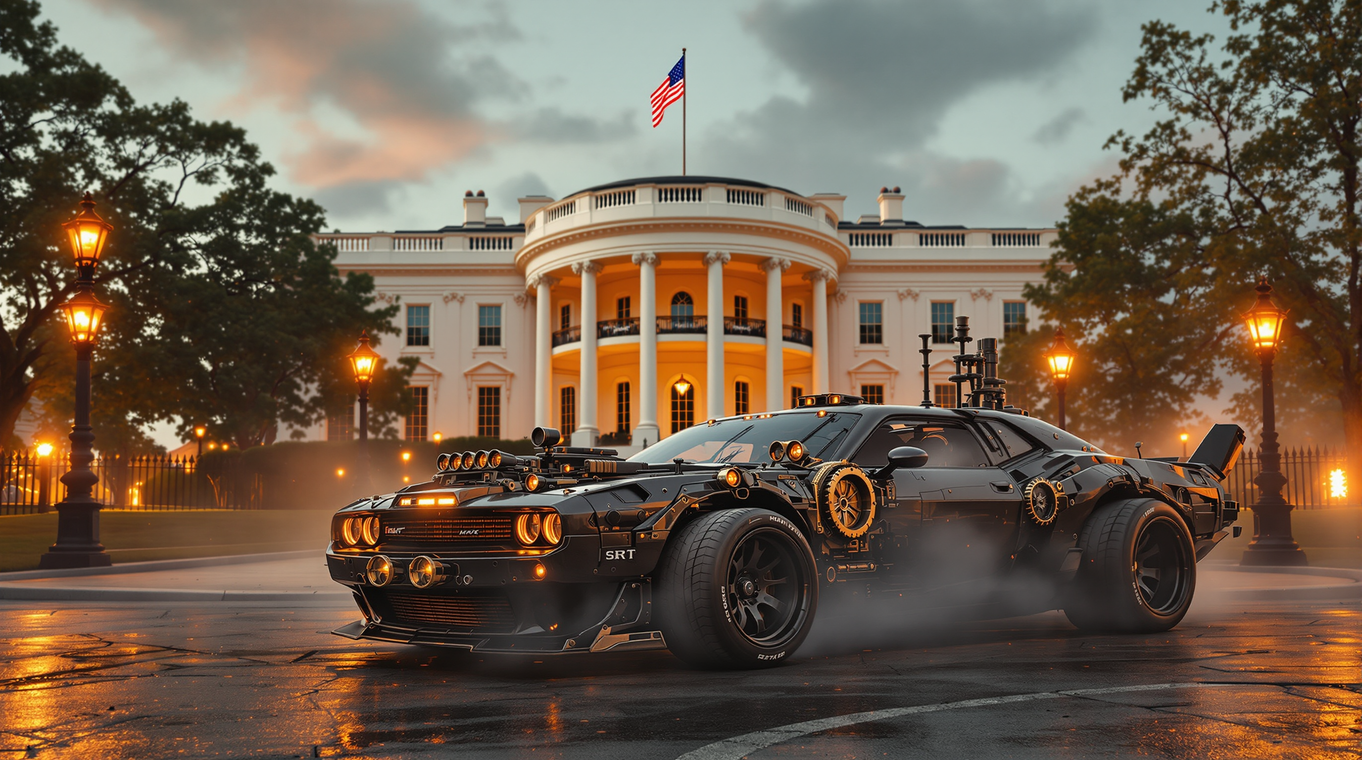 a steampunk Mad Max style challenger SRT Park in front of the White House America 8k quality ultra.