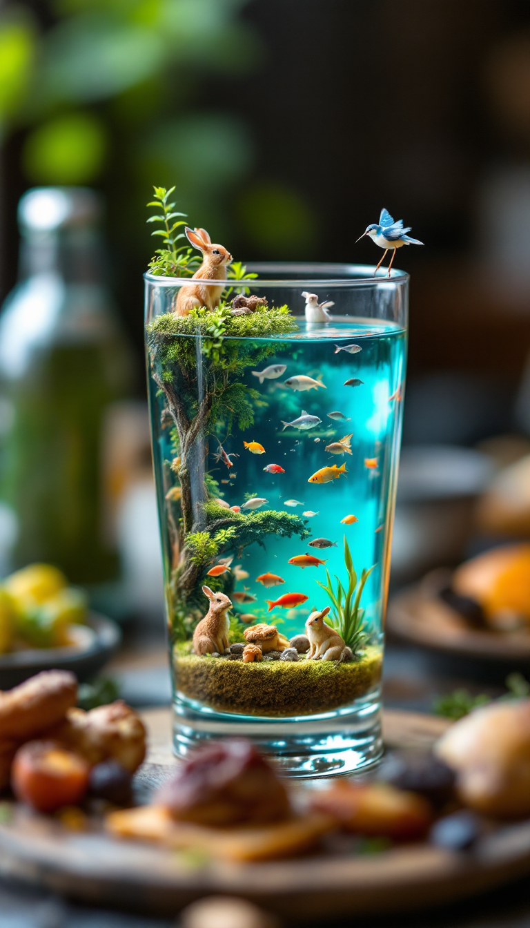 A realistic miniature lake with fish and small wildlife inside a pint glass. The tiny lake has clear water, marine animals, and birds perched or flying above. Small animals like rabbits or deer are relaxing near the lake. The pint glass is placed on a table next to real human food, creating a surreal contrast. Hyper realistic style, macro photography, shallow depth of field, soft lighting, high detail.