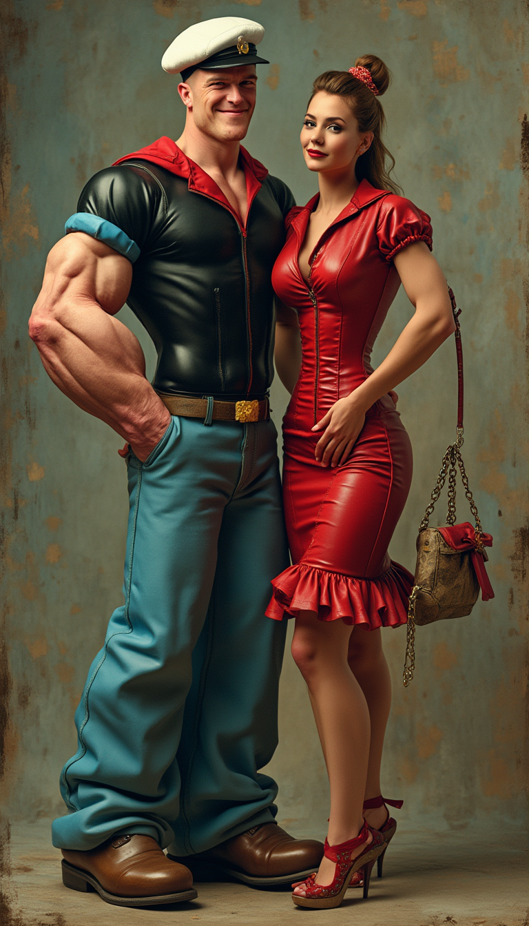 A photorealistic shot of Popeye and Olive Oyl in pressed haute couture,  Shot on Nikon