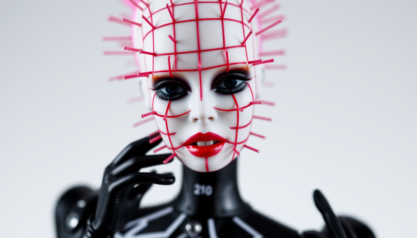Photo of a cenobite Barbie doll. female "pinhead" from the "Hellraiser" horror movies. Scary hell background.