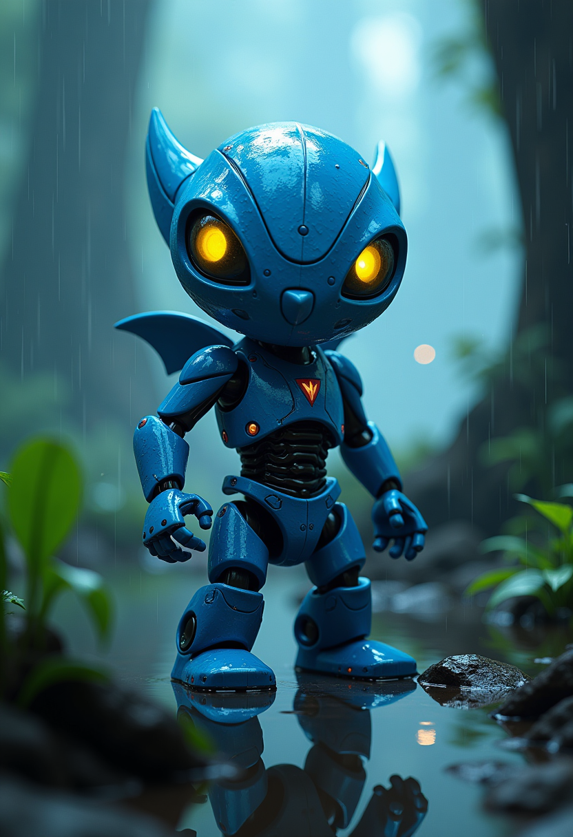 Close-up Star Wars CGI rendering of an enigmatic blue Bionicle Toa of Water robot with yellow eyes and a mask in a rain-soaked coastal jungle in Ga-Wahi with bioluminescent plants, 4K
