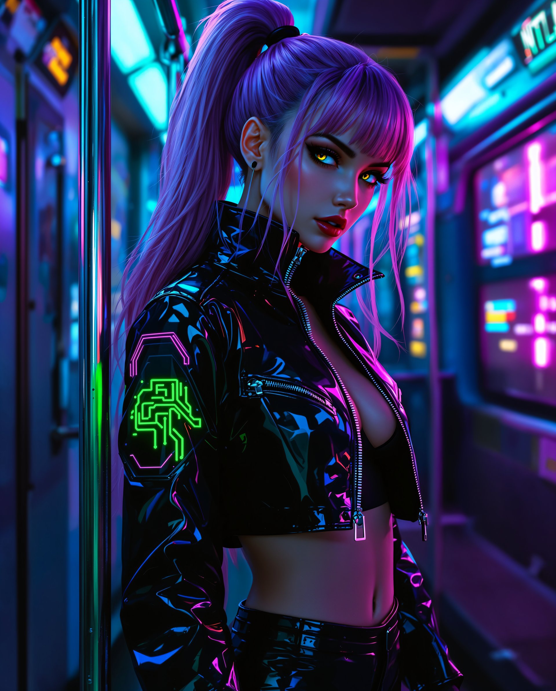 masterpiece, best quality, highres, sharp image, more detail <lora:more_details:0.5> <lora:SDXLrender_v2.0:1>, This image is a realistic photo (photograph) of a female real person digital illustration that captures a cyberpunk aesthetic, characterized by its futuristic, neonlit, and urban setting. The art style is highly detailed and stylized, with a focus on the interplay of light and shadow to create a threedimensional effect on the twodimensional medium.The medium appears to be a highresolution digital painting, utilizing advanced software to achieve the rich textures and vibrant colors. The image is dominated by a palette of purples, blues, and blacks, with neon accents of pink, green, and yellow that suggest a nighttime setting in a neonlit cityscape.The subject of the image is a person with striking cyberpunk features. They have long, flowing hair that transitions from a deep purple at the roots to a lighter, almost silver hue at the tips, giving it a glossy, wet look. The hair is styled in a high ponytail, secured with a black hair tie, and there are strands that fall loosely around the shoulders and neck.The person is wearing a sleek, futuristic outfit that consists of a glossy, black leather jacket with a high collar and a zippered front. The jacket has a reflective quality, catching the neon lights and adding to the cyberpunk ambiance. On the left sleeve of the jacket, there is a neon green and pink design that resembles a circuit board or a digital display, contributing to the overall cyberpunk theme.Underneath the jacket, the person is wearing a black crop top that reveals a hint of midriff, and they are also wearing formfitting, thighhigh boots that match the jacket in color and style, giving off a cohesive look.The setting appears to be a dimly lit, metallic interior, possibly a train or subway car, judging by the metal poles and the large windows that allow the neon lights of the city to filter in. The interior is painted in shades of blue and purple, with graffiti tags and other urban elements that enhance the cyberpunk vibe.Overall, the image is a rich tapestry of cyberpunk elements, from the neonlit cityscape to the futuristic fashion, all meticulously crafted to evoke a sense of advanced technology, urban decay, and dystopian futurism.