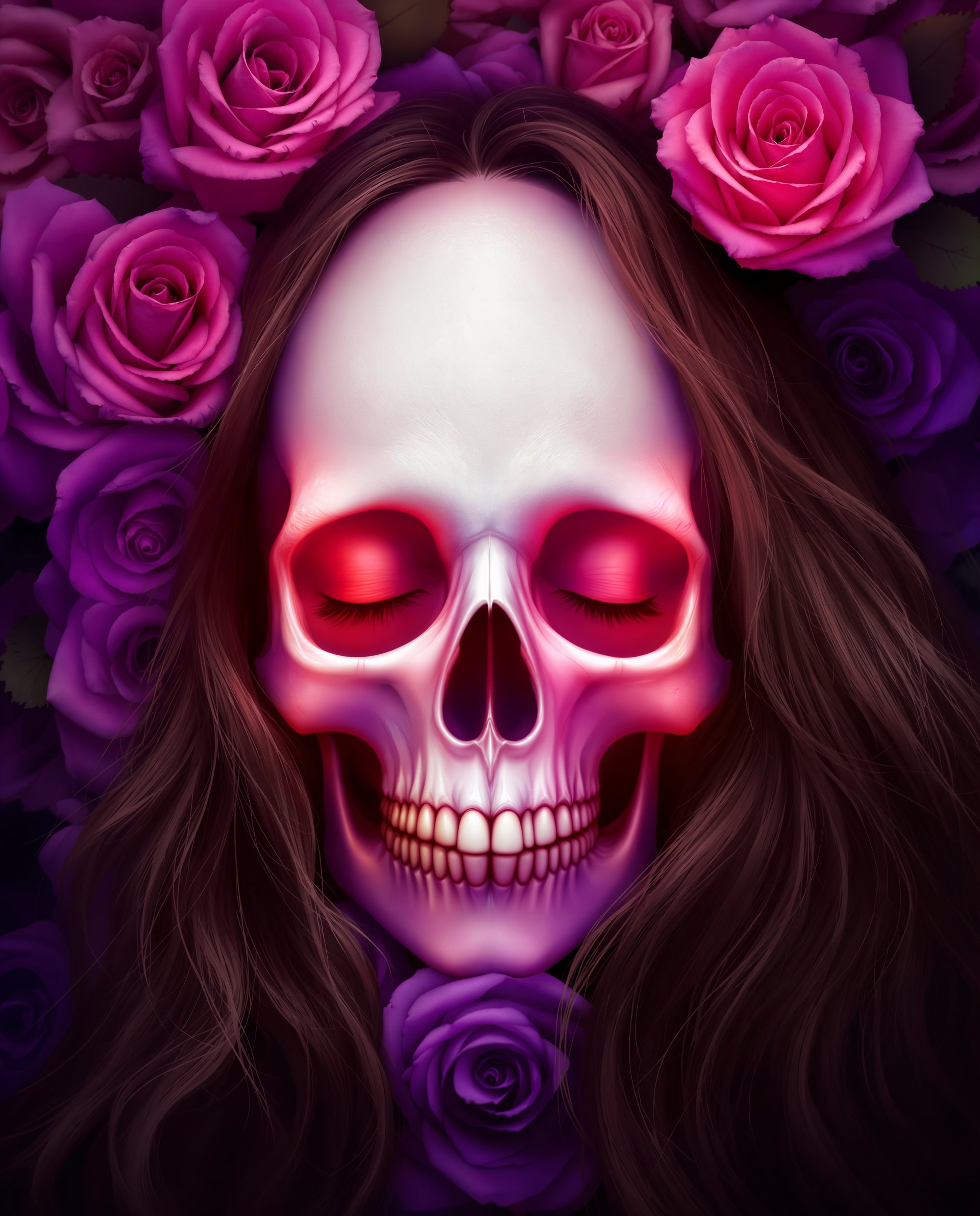 masterpiece, best quality, highres, sharp image, more detail <lora:more_details:0.5> <lora:SDXLrender_v2.0:1>, masterpiece, best quality, highres, sharp image, more detail, This image is a realistic photo (photograph) of a female real person digital artwork that features a woman with her eyes closed, conveying a sense of peace or introspection. The woman has long, flowing hair that cascades down her back, and her skin is depicted with a realistic touch, highlighted by the subtle glow of light on her cheeks and the defined contours of her face.The art style is reminiscent of digital painting, with a focus on smooth gradients and blending of colors. The medium appears to be a digital painting software, given the seamless transitions and the lack of texture that one might expect from traditional mediums like oil or acrylic paints.The colors in the image are vibrant and dynamic, with a strong contrast between the warm and cool tones. The roses in the background are predominantly pink and purple, with a gradient effect that gives them a threedimensional appearance. The skull, which is central to the composition, is white, providing a stark contrast to the surrounding colors.The objects in the image include the woman, her hair, the roses, and the skull. The roses are arranged in a circular pattern around the skull, creating a sense of symmetry and balance. The skull itself is a symbol that often represents mortality, but here it is juxtaposed with the beauty of the roses, suggesting a duality between life and death, or perhaps an acceptance of both.Overall, the image is a powerful visual metaphor that plays with the themes of life, death, and the beauty found in the contrast between opposing forces. The use of color and composition creates a visually striking piece that invites the viewer to ponder the deeper meanings behind the imagery.