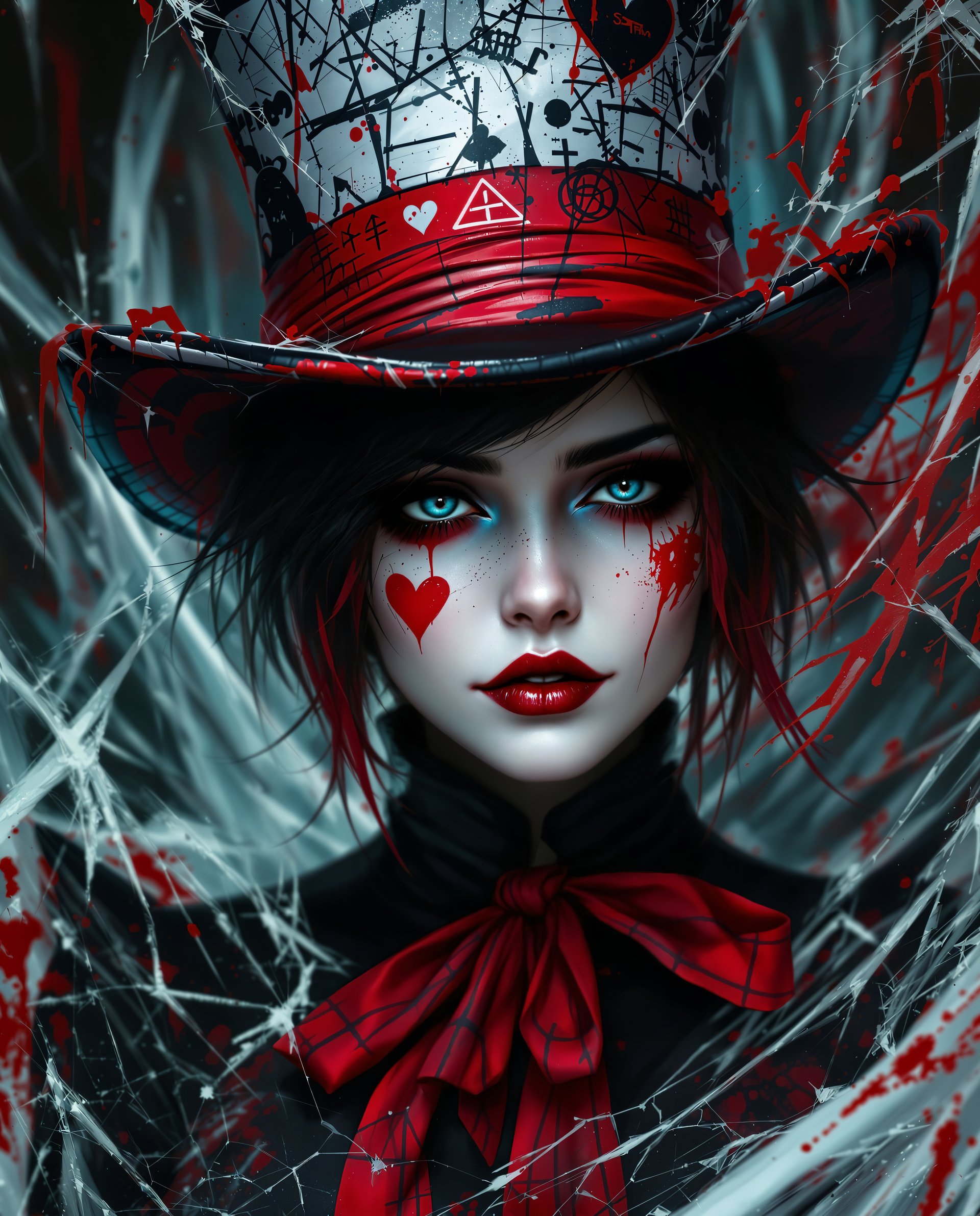 masterpiece, best quality, highres, sharp image, more detail <lora:more_details:0.5> <lora:SDXLrender_v2.0:1>, This is a realistic photo (photograph) of a female real person digital artwork that features a closeup of a female figure. The art style is highly stylized and appears to be a blend of realism and gothic elements, with a strong emphasis on dramatic lighting and shadow, and a high level of detail in the textures and patterns.The medium appears to be digital painting, given the smooth blending of colors and the lack of brush strokes. The colors are rich and vibrant, with a predominance of black, white, red, and shades of blue and green. The reds and blues stand out prominently, creating a striking contrast against the predominantly dark tones of the figures attire and the background.The figure is wearing a top hat with a red and white color scheme, which is reminiscent of the Mad Hatter from Lewis Carrolls Alice in Wonderland. The hat is adorned with various symbols and graffitilike markings, adding to the gothic and edgy feel of the piece. The figures hair is short and dark, with streaks of red, and it falls in a messy, disheveled fashion around her face.The figures makeup is dramatic, with dark, smudged eyeshadow, winged eyeliner, and a prominent red heart on her cheek. Her lips are painted a deep shade of red, and her skin is marred with cracks and splatters, giving the impression of decay or battle scars.The figures attire includes a black bodysuit with red detailing, including a heartshaped emblem on the chest and a red ribbon tied around the neck. The bodysuit is adorned with various patterns and textures, including what appears to be cracked ice or shattered glass, adding to the icy and gothic aesthetic.The background of the image is chaotic and abstract, with streaks of white and black that resemble shattered glass or broken ice. There are also hints of green and blue, which could represent a frozen or icy environment. The overall effect is one of a dark, dystopian world, with the figure standing as a symbol of defiance or resistance against the harshness of the environment.