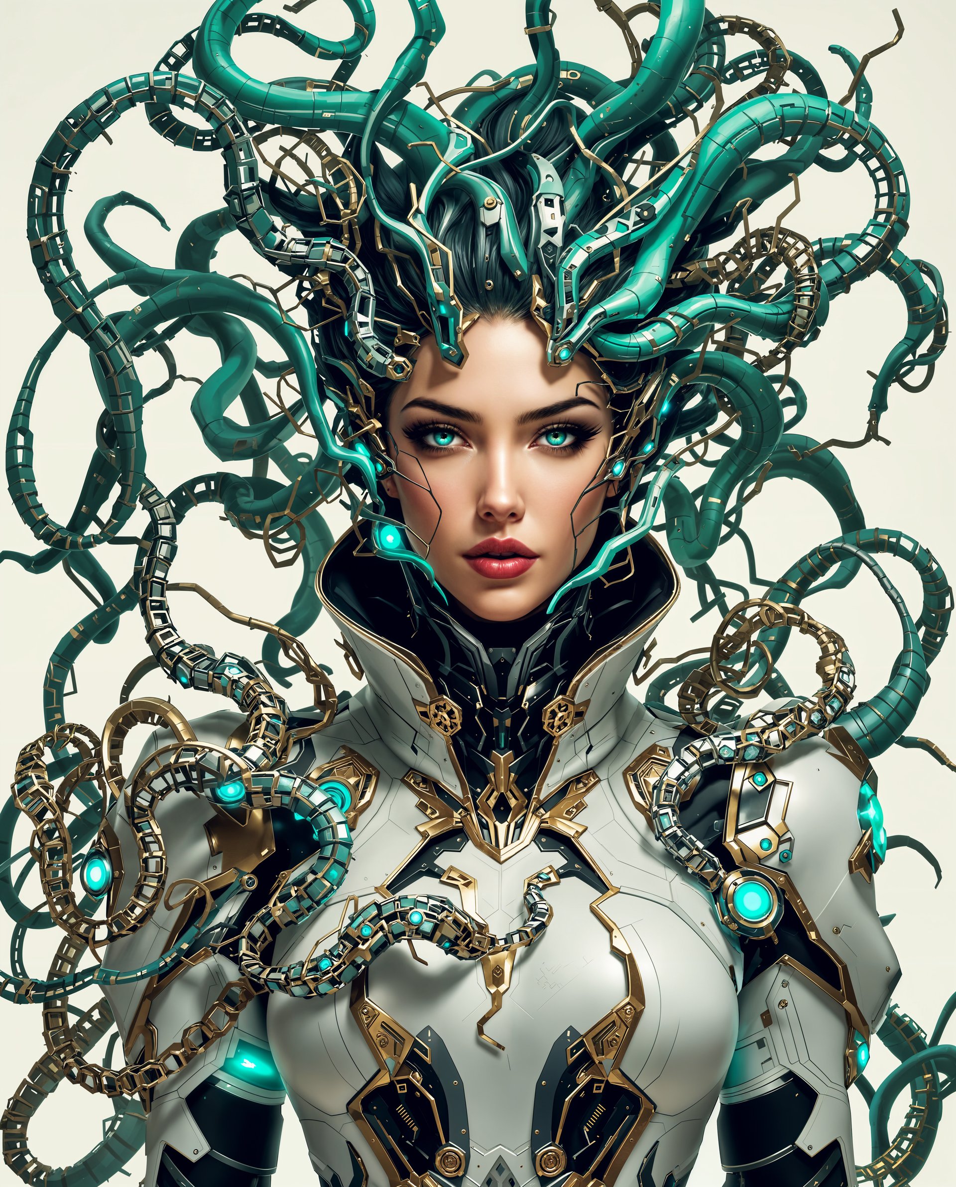 masterpiece, best quality, highres, sharp image, more detail <lora:more_details:0.5> <lora:SDXLrender_v2.0:1>, masterpiece, best quality, highres, sharp image, more detail, This image is a realistic photo (photograph) of a female real person digital artwork that features a closeup of a figure with a striking and intricate design. The art style is highly detailed and appears to be a blend of realistic and cyberpunk elements, with a focus on organic and mechanical forms.The medium seems to be a digital painting, given the smooth gradients, the lack of texture, and the high level of detail that is typical of digital art. The lighting and shadows are also very well done, creating a threedimensional effect on the figures clothing and the surrounding elements.The colors in the image are vibrant and rich, with a predominance of greens, blues, and golds. The figures skin is a warm, natural tone, contrasting with the cool, metallic colors of the armor and the surrounding elements. The teal and aqua hues of the figures hair and the glowing elements give the image a sense of otherworldliness and advanced technology.The objects in the image are numerous and complex. The figure is wearing a highcollared, white and black outfit with gold trim, which has a very ornate and mechanical design. The armor is made up of intertwined metal shapes and tendrils that seem to flow around the figure, giving it a sense of movement and flexibility. The figures hair is a dark, almost black color, with a texture that appears to be both organic and metallic.The background is a neutral, offwhite color, which serves to highlight the figure and the intricate details of the armor. There are no other objects or characters in the image, focusing the viewers attention solely on the figure and its elaborate design.Overall, the image is a testament to the skill and creativity of the digital artist, capturing a blend of realism and cyberpunk aesthetics in a single, striking image.