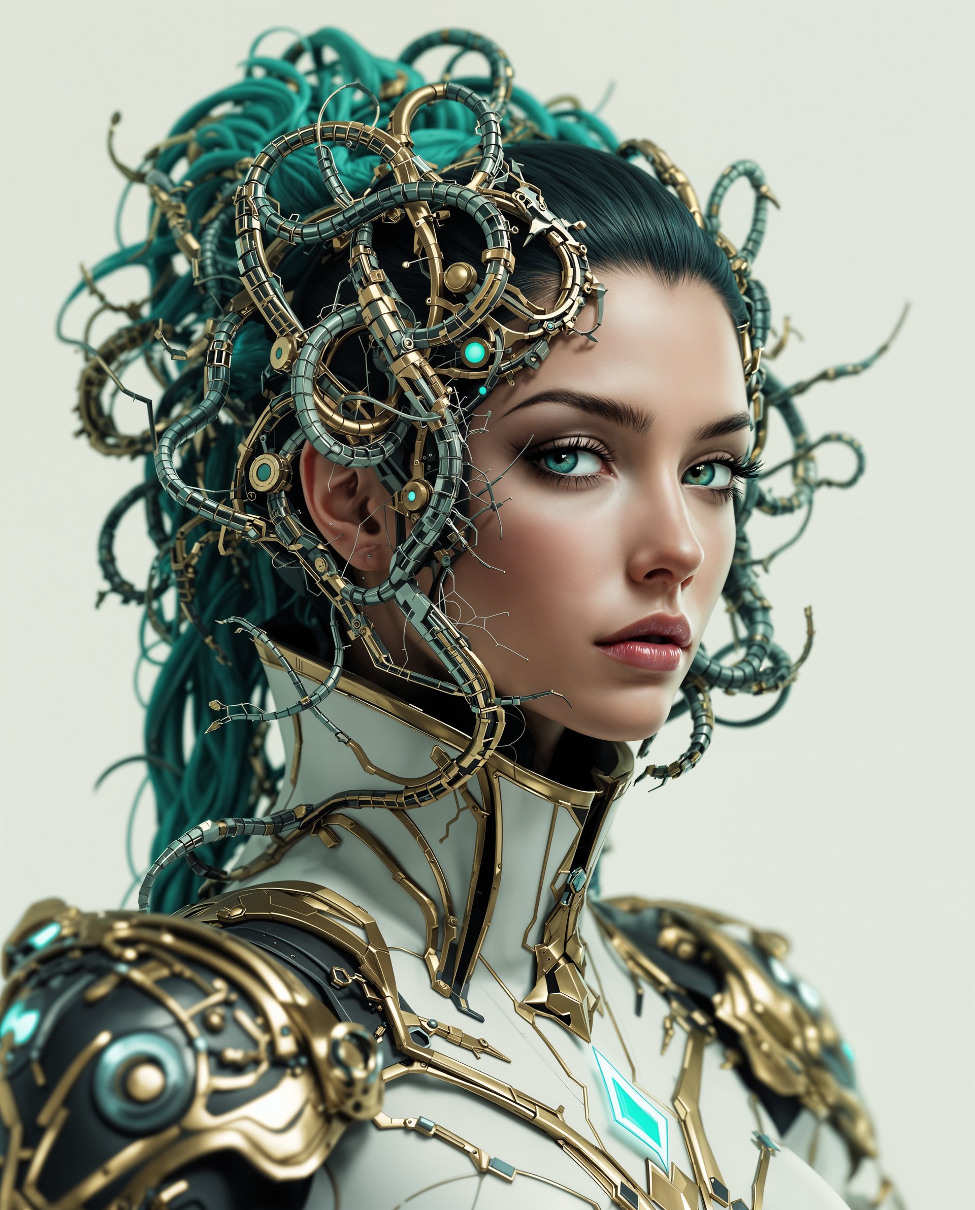 masterpiece, best quality, highres, sharp image, more detail <lora:more_details:0.5> <lora:SDXLrender_v2.0:1>, masterpiece, best quality, highres, sharp image, more detail, This image is a realistic photo (photograph) of a female real person digital artwork that features a closeup of a figure with a striking and intricate design. The art style is highly detailed and appears to be a blend of realistic and cyberpunk elements, with a focus on organic and mechanical forms.The medium seems to be a digital painting, given the smooth gradients, the lack of texture, and the high level of detail that is typical of digital art. The lighting and shadows are also very well done, creating a threedimensional effect on the figures clothing and the surrounding elements.The colors in the image are vibrant and rich, with a predominance of greens, blues, and golds. The figures skin is a warm, natural tone, contrasting with the cool, metallic colors of the armor and the surrounding elements. The teal and aqua hues of the figures hair and the glowing elements give the image a sense of otherworldliness and advanced technology.The objects in the image are numerous and complex. The figure is wearing a highcollared, white and black outfit with gold trim, which has a very ornate and mechanical design. The armor is made up of intertwined metal shapes and tendrils that seem to flow around the figure, giving it a sense of movement and flexibility. The figures hair is a dark, almost black color, with a texture that appears to be both organic and metallic.The background is a neutral, offwhite color, which serves to highlight the figure and the intricate details of the armor. There are no other objects or characters in the image, focusing the viewers attention solely on the figure and its elaborate design.Overall, the image is a testament to the skill and creativity of the digital artist, capturing a blend of realism and cyberpunk aesthetics in a single, striking image.