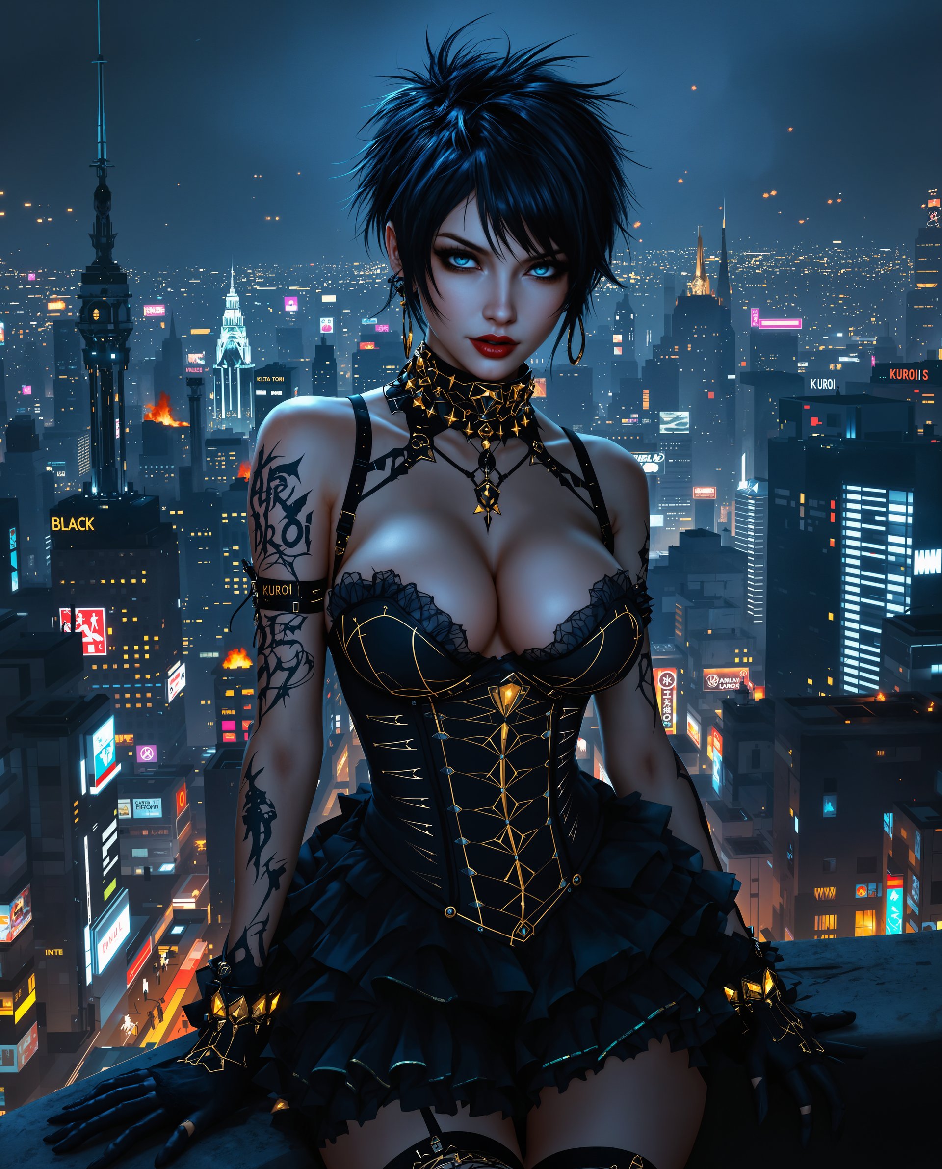 masterpiece, best quality, highres, sharp image, more detail <lora:more_details:0.5> <lora:SDXLrender_v2.0:1>, masterpiece, best quality, highres, sharp image, more detail, This image is a realistic photo (photograph) of a female real person digital artwork that combines elements of Realistic and urban nightscapes. The art style is reminiscent of cyberpunk, with a strong emphasis on futuristic and mechanical aesthetics. The medium appears to be a digital painting, utilizing a high level of detail and vibrant colors.The colors in the image are rich and varied, with a predominance of blues and blacks that give the piece a nocturnal and mysterious feel. The use of gold and white highlights adds contrast and emphasizes the intricate details of the characters attire and the cityscape behind her. The gold accents also give the image a sense of opulence and decay, which is a common theme in cyberpunk.The objects in the image are numerous and varied. The central figure is a woman with short, spiky hair and piercing blue eyes. She has a tattoo on her left arm that reads Kuroi, which is Japanese for black. Her outfit is a mix of gothic and futuristic elements, with a corsetstyle top, a ruffled skirt, and thighhigh stockings. She also wears a pair of gloves with a similar tattoo design to her arm.Behind the woman, there is a sprawling cityscape at night, with skyscrapers and neon signs. The city is depicted in a state of decay, with buildings that are partially collapsed or on fire. The skyline is filled with a myriad of lights, creating a sense of chaos and energy.The overall mood of the image is one of mystery and intrigue, with a touch of melancholy. The juxtaposition of the womans elegant and detailed attire against the backdrop of a dystopian city creates a striking contrast that is characteristic of cyberpunk. The image is a testament to the creativity and skill of the digital artist who created it.