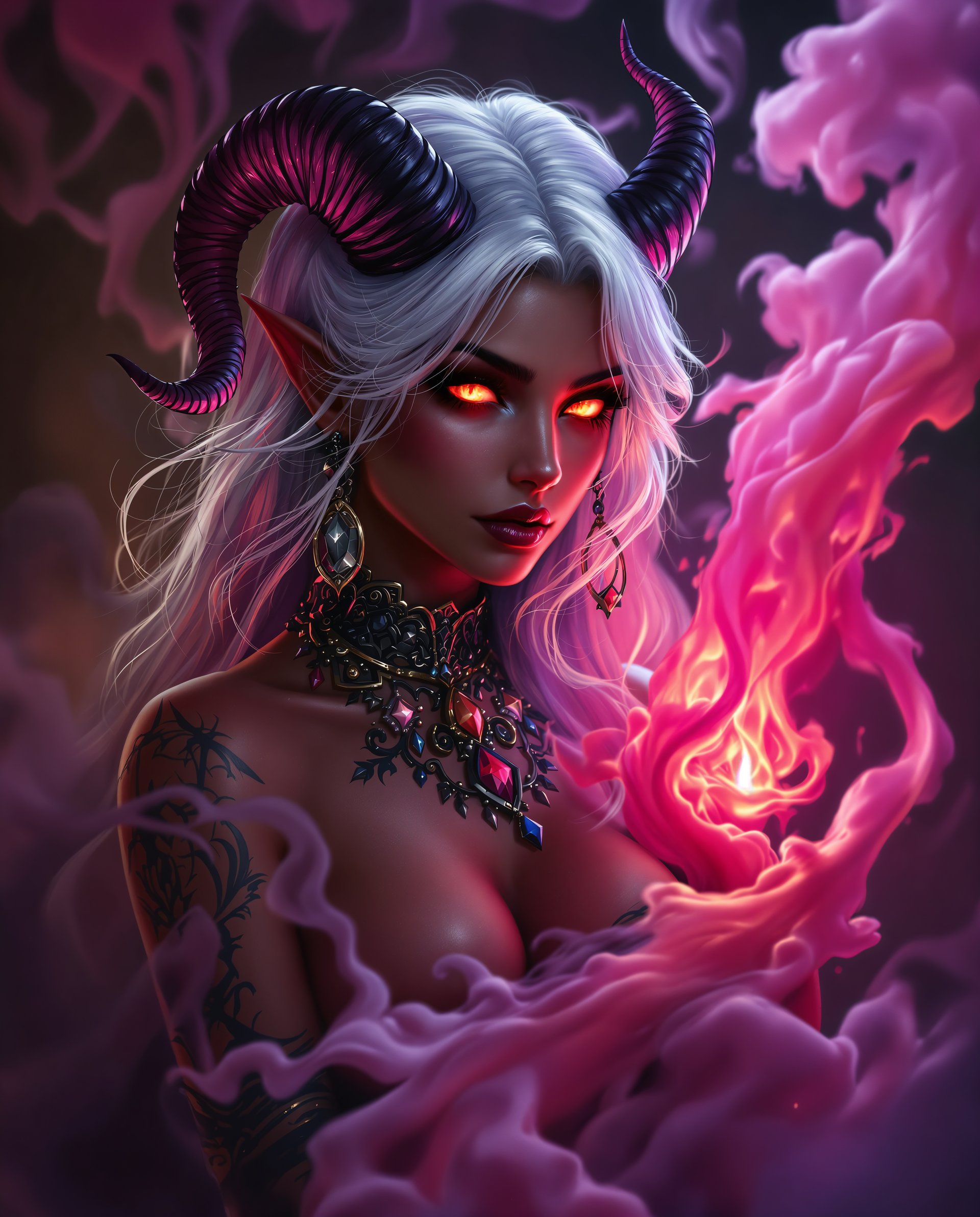 masterpiece, best quality, highres, sharp image, more detail <lora:more_details:0.5> <lora:SDXLrender_v2.0:1>, This image is a realistic photo (photograph) of a female real person digital artwork that features a female figure with a realistic aesthetic. The art style is highly stylized and appears to be a blend of realism and gothic elements, with a focus on dramatic lighting and rich, vibrant colors.The medium is digital painting, as evidenced by the smooth gradients and seamless blending of colors. The image is rich in detail and texture, with a high level of realism in the rendering of the figures skin and hair.The colors in the image are warm and rich, with a predominance of purples, pinks, and oranges. These colors create a moody and atmospheric effect, enhancing the realism and gothic elements of the artwork. The lighting in the image is dramatic, with highlights and shadows that give depth and dimension to the figure and her surroundings.The objects in the image include the female figure herself, who is adorned with ornate jewelry and accessories. Her hair is long and wavy, with a gradient of colors that range from white to a deeper purple at the tips. She has horns protruding from her head, and her eyes glow with a fiery orange hue. Her skin is a deep, rich brown, and she has tattoos on her arms and shoulders.In the background, there is a swirl of pink and purple smoke or mist, which adds to the atmospheric and mysterious quality of the artwork. The smoke is illuminated by the warm lighting, which casts a soft glow on the edges of the figure and creates a sense of depth and movement in the composition.Overall, this image is a stunning example of digital realistic art, with a focus on rich colors, dramatic lighting, and detailed textures that come together to create a compelling and immersive visual experience.