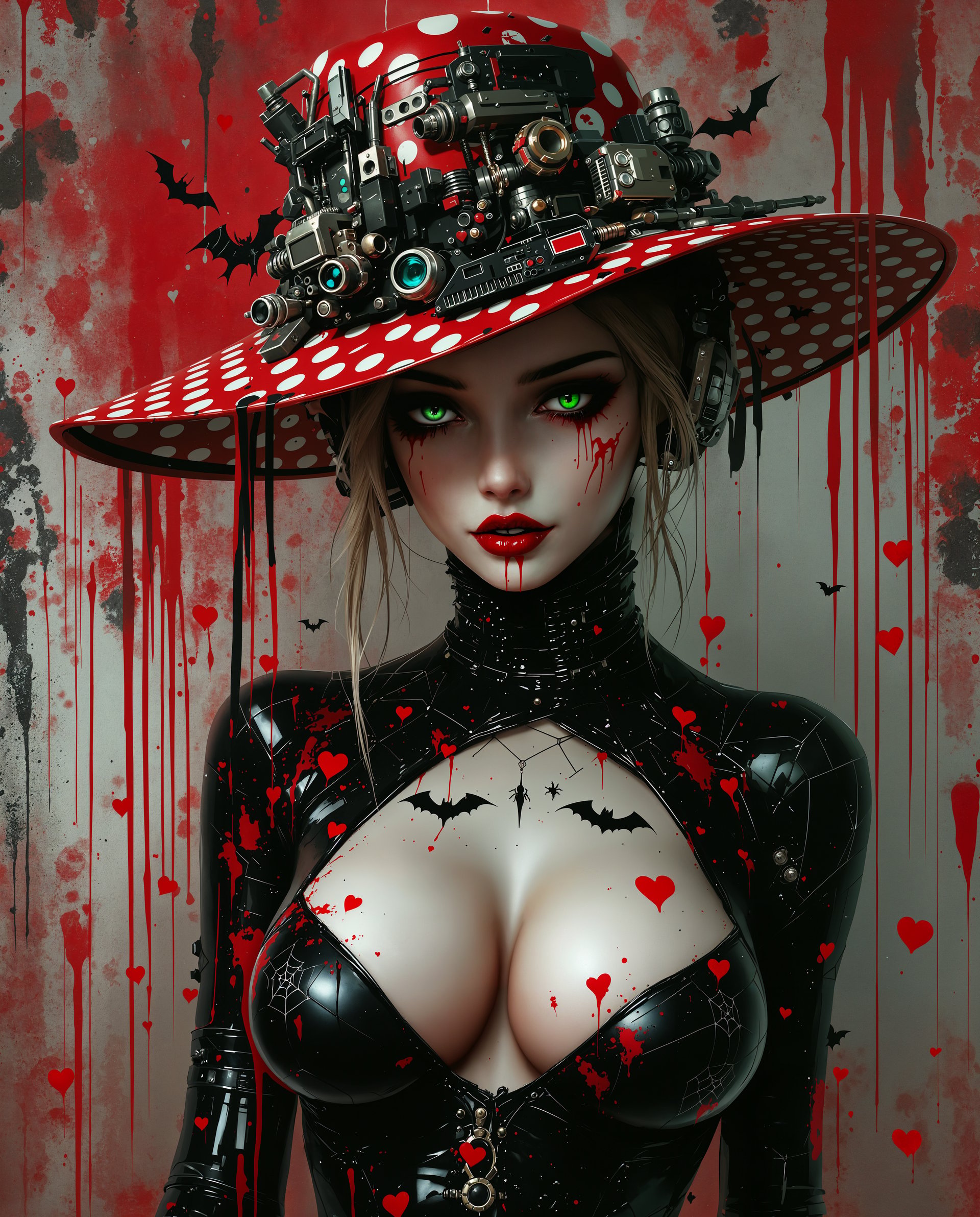 masterpiece, best quality, highres, sharp image, more detail <lora:more_details:0.5> <lora:SDXLrender_v2.0:1>, masterpiece, best quality, highres, sharp image, more detail, This is a realistic photo (photograph) of a female real person digital artwork that features a character with a gothic and cyberpunk aesthetic. The character is wearing a widebrimmed hat with a red and white polka dot pattern, which is adorned with various mechanical and electronic components, giving it a futuristic and somewhat disassembled appearance. The hats brim is slightly askew, adding to the overall edgy and rebellious vibe of the character.The characters attire includes a tightfitting bodysuit with a high neckline and a lowcut front, revealing a significant amount of cleavage. The bodysuit is predominantly black with splashes of red and white, and its covered in intricate spider web and bat motifs, which are common symbols in gothic and horror themes. The bodysuit also has a glossy finish, which reflects the light and gives the image a wet or slick appearance.The characters skin is pale and translucent, with a few areas of discoloration and bruising, which contribute to the gothic and edgy feel of the image. The eyes are a striking green, and they have a somewhat vacant and haunting expression. There are also small, red heartshaped marks on the cheeks, which contrast with the otherwise dark and ominous elements of the characters appearance.The background of the image is a chaotic blend of red, black, and white, with drips, splatters, and smudges that resemble paint or blood. This background adds to the gothic and edgy atmosphere of the image, and it also creates a sense of disarray and chaos.Overall, the art style of this image is a blend of gothic, cyberpunk, and horror elements, with a strong emphasis on dark colors, mechanical and organic motifs, and a slick, wet appearance. The medium appears to be digital painting, given the smooth gradients, seamless blending, and the overall polished look of the image.