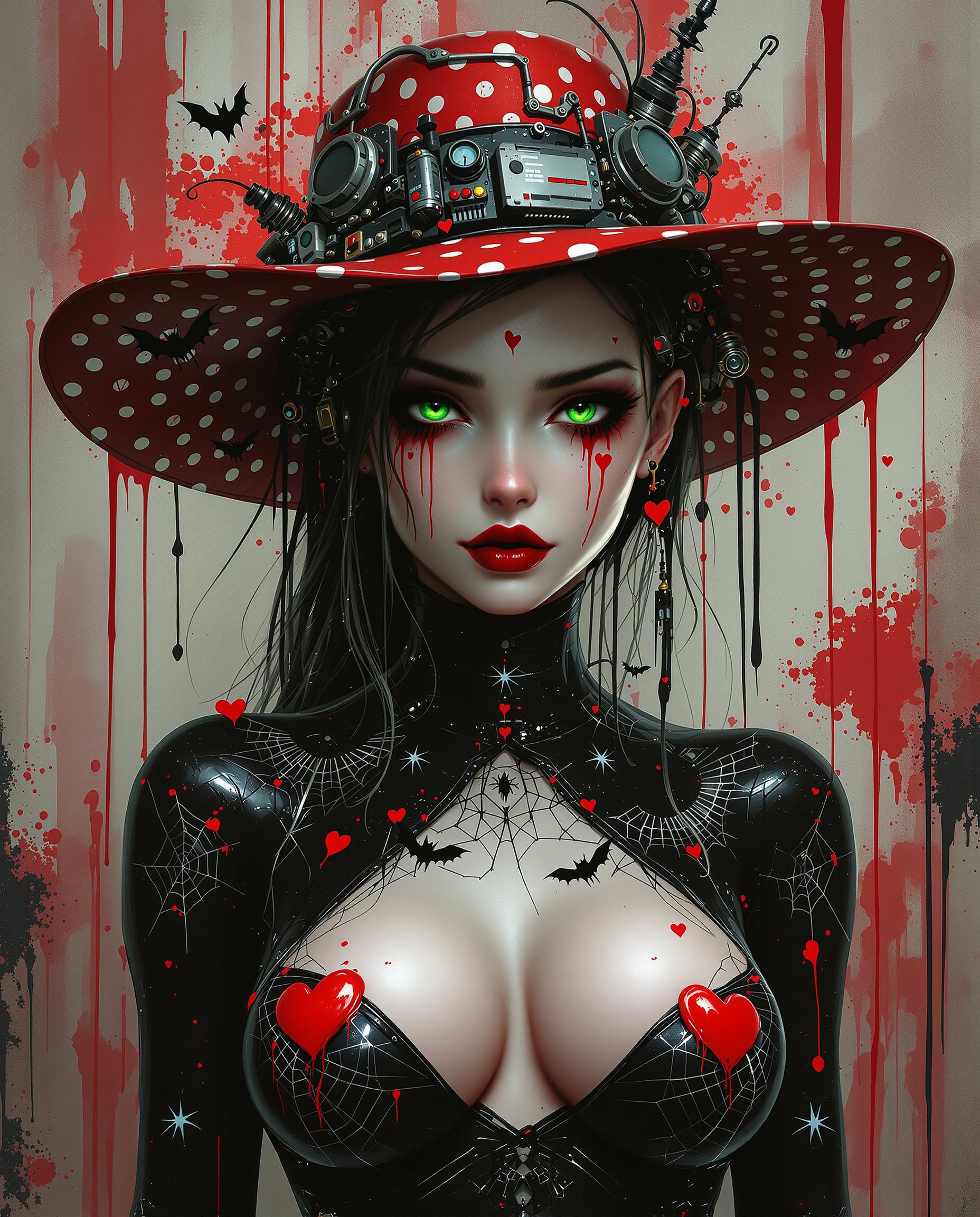 masterpiece, best quality, highres, sharp image, more detail, This is a realistic photo (photograph) of a female real person digital artwork that features a character with a gothic and cyberpunk aesthetic. The character is wearing a widebrimmed hat with a red and white polka dot pattern, which is adorned with various mechanical and electronic components, giving it a futuristic and somewhat disassembled appearance. The hats brim is slightly askew, adding to the overall edgy and rebellious vibe of the character.The characters attire includes a tightfitting bodysuit with a high neckline and a lowcut front, revealing a significant amount of cleavage. The bodysuit is predominantly black with splashes of red and white, and its covered in intricate spider web and bat motifs, which are common symbols in gothic and horror themes. The bodysuit also has a glossy finish, which reflects the light and gives the image a wet or slick appearance.The characters skin is pale and translucent, with a few areas of discoloration and bruising, which contribute to the gothic and edgy feel of the image. The eyes are a striking green, and they have a somewhat vacant and haunting expression. There are also small, red heartshaped marks on the cheeks, which contrast with the otherwise dark and ominous elements of the characters appearance.The background of the image is a chaotic blend of red, black, and white, with drips, splatters, and smudges that resemble paint or blood. This background adds to the gothic and edgy atmosphere of the image, and it also creates a sense of disarray and chaos.Overall, the art style of this image is a blend of gothic, cyberpunk, and horror elements, with a strong emphasis on dark colors, mechanical and organic motifs, and a slick, wet appearance. The medium appears to be digital painting, given the smooth gradients, seamless blending, and the overall polished look of the image.
