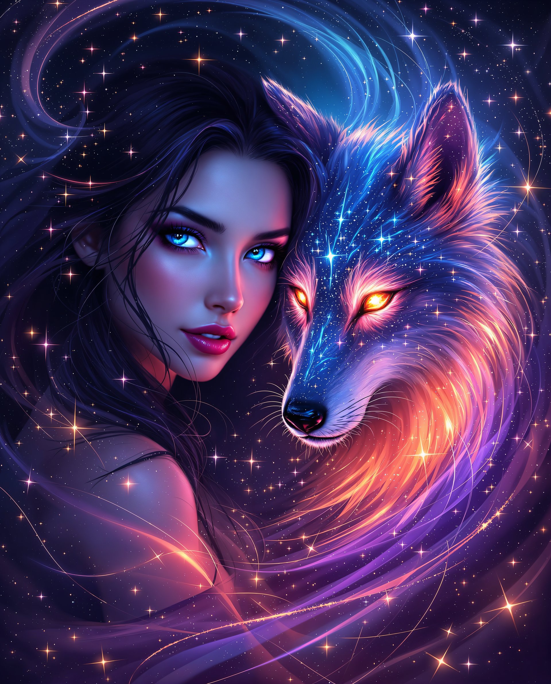 masterpiece, best quality, highres, sharp image, more detail <lora:more_details:0.5> <lora:SDXLrender_v2.0:1>, This image is a realistic photo (photograph) of a female real person digital artwork that exudes a sense of realism and mystique. The art style is reminiscent of realistic with its clean lines, detailed shading, and the stylized features of the characters. The medium appears to be a digital painting, given the smooth blending of colors and the lack of texture that one might find in traditional mediums.The colors in the image are vibrant and dynamic, with a predominance of purples, pinks, blues, and touches of fiery oranges and reds. These colors create a dramatic and otherworldly atmosphere. The purple and pink hues give the image a sense of realism and enchantment, while the blues and fiery colors add to the magical and mystical feel.The objects in the image are the central figure and a mystical creature. The central figure is a female with dark hair and piercing blue eyes. Her hair is styled in a way that it flows around her shoulders and back, and it is adorned with sparkling details that resemble stars or small crystals. Her eyes are detailed with a reflection of the surrounding cosmic elements, adding to the mystique of her character.The mystical creature is a wolflike being that is intertwined with the cosmic energy around. It has a luminous, sparkling appearance, with its fur resembling a galaxy of stars. Its eyes glow with a fiery red light, and it has a majestic and powerful presence. The creatures head is turned towards the viewer, giving it a sense of connection and engagement.The background of the image is filled with swirling cosmic patterns and stars, creating a sense of depth and continuity with the mystical creature. The cosmic energy is depicted with a dynamic flow, as if it is pulsating and alive, further enhancing the magical and otherworldly feel of the artwork.Overall, the image is a captivating blend of realism, mystique, and cosmic wonder, inviting the viewer into a world filled with enchantment and the unknown.