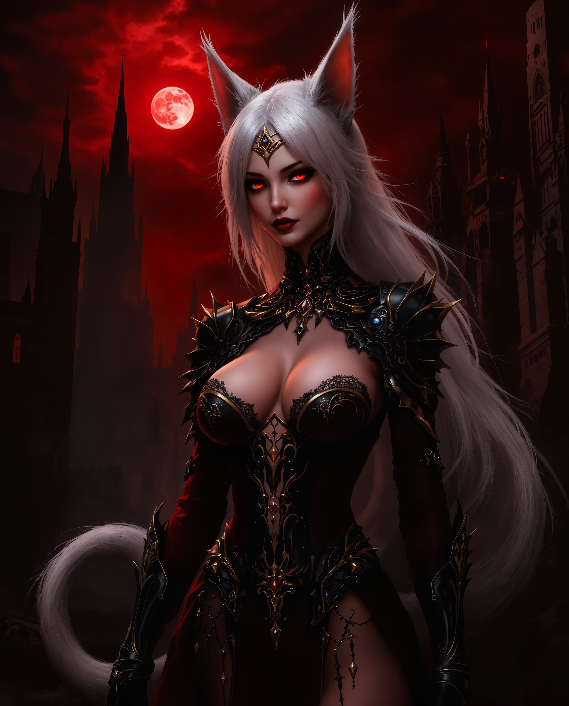 masterpiece, best quality, highres, sharp image, more detail <lora:more_details:0.5> <lora:SDXLrender_v2.0:1>, masterpiece, best quality, highres, sharp image, more detail, This is a realistic photo (photograph) of a female real person image that depicts a character with a realistic aesthetic, featuring a blend of gothic and realistic influences. The character is a humanoid figure with catlike ears and a long, white tail, suggesting a possible feline or mythical inspiration. The art style is highly detailed and stylized, with a focus on smooth lines and intricate patterns.The medium appears to be digital painting, given the high level of detail and the seamless blending of colors. The use of lighting and shadow adds depth and realism to the image, enhancing the threedimensional quality.The color palette is rich and moody, dominated by shades of red, black, and white. The reds range from deep crimson to bright scarlet, creating a dramatic and somewhat ominous atmosphere. The blacks are deep and inky, providing a stark contrast to the lighter colors. The white of the characters hair and tail stands out against the darker background, drawing the viewers eye and adding to the overall sense of otherworldliness.Objects in the image include the character themselves, adorned in ornate armor with gothic elements, such as pointed arches and intricate filigree work. The armor is primarily black with gold accents, and the character wears a corsetstyle bodice with lace and gem embellishments. The characters tail curls elegantly behind them, and they have catlike ears with pointed tips. The setting appears to be a dark, ancient cityscape with towering buildings and a bloodred sky, suggesting a scene from a realistic or gothic narrative. The moon in the sky is also red, contributing to the overall eerie and mysterious ambiance of the image.