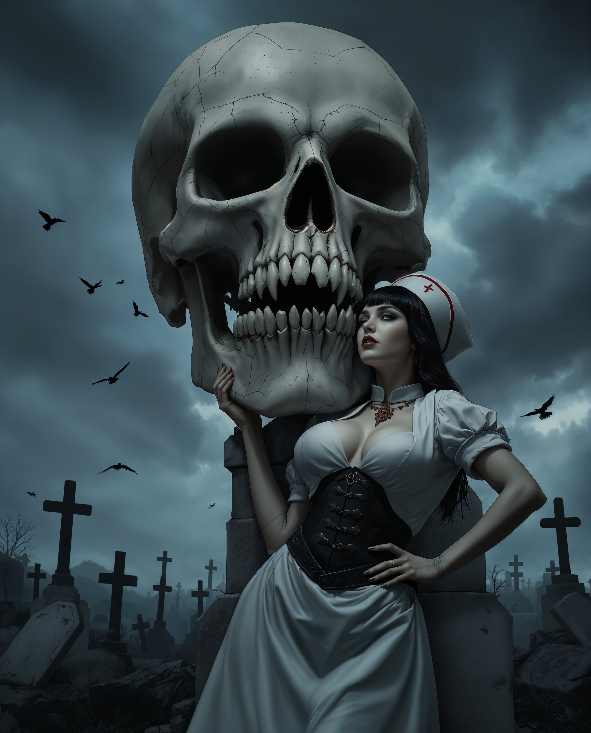 masterpiece, best quality, highres, sharp image, more detail, masterpiece, best quality, highres, sharp image, more detail, This is a realistic photo (photograph) of a female real person digital artwork that features a gothic and dark fantasy theme. The art style is highly detailed and realistic, with a focus on the textures and shadows that give the image a threedimensional quality.The medium appears to be a highresolution digital painting, utilizing a combination of textures and gradients to create a lifelike appearance. The colors are quite muted, with a predominance of grays, blacks, and whites, punctuated by the deep blues of the sky and the stark white of the clouds. There are also touches of red and gold on the characters attire, which add a pop of color to the otherwise monochromatic scheme.The objects in the image include a large, imposing skull that the character is leaning on, which serves as a central focal point. The skull has jagged teeth and is set against a backdrop of a cemetery, with crosses and tombstones scattered throughout. The sky is overcast, with dark clouds that suggest an ominous atmosphere. Birds can be seen flying in the distance, adding to the eerie ambiance of the scene. The characters outfit is a nurses uniform, with a white cap and a black bodice, which contrasts with the gothic elements of the skull and the cemetery. The uniform is detailed with buttons, buckles, and lace, and the characters pose is suggestive and provocative, with one hand on the skull and the other on her hip.