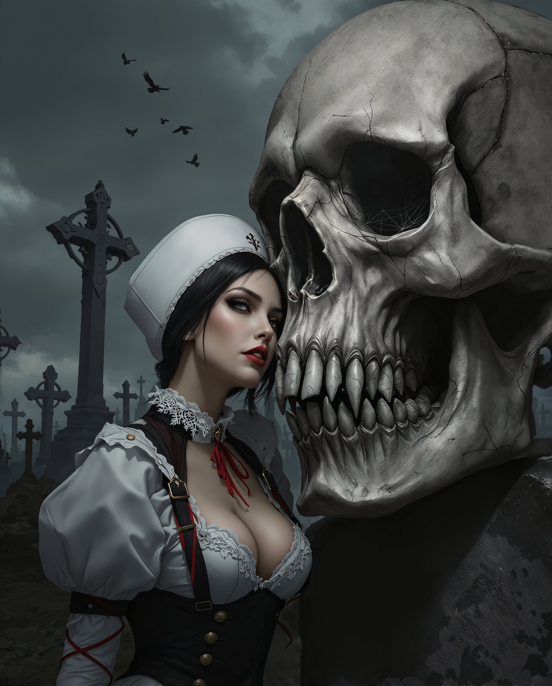 masterpiece, best quality, highres, sharp image, more detail <lora:more_details:0.5> <lora:SDXLrender_v2.0:1>, masterpiece, best quality, highres, sharp image, more detail, A highly detailed, realistic digital painting capturing a gothic and dark fantasy scene. The focus is on a real female character, portrayed in a nurses uniform that includes a stark white cap, black bodice with intricate lace, buttons, and buckles. Her attire features subtle touches of red and gold, providing a striking contrast to the monochromatic palette of grays, blacks, and whites, punctuated by the deep blues of an overcast sky. She leans provocatively against a large, imposing skull with jagged teeth, set within an old, eerie cemetery. The cemetery is filled with weathered crosses and tombstones, enhancing the three-dimensional quality through detailed textures and shadows. The composition employs a medium close-up, with the character slightly off-center to the left, allowing the skull and the atmospheric backdrop to dominate the right side, creating a dynamic balance. The lighting is dramatic, with low-key illumination casting long shadows, emphasizing the textures and depth. The sky, filled with dark, brooding clouds, adds to the ominous mood, while distant birds in flight contribute to the scene's eerie atmosphere. The image captures the essence of chiaroscuro, with a focus on contrast and tonal range, creating a lifelike, immersive experience.
