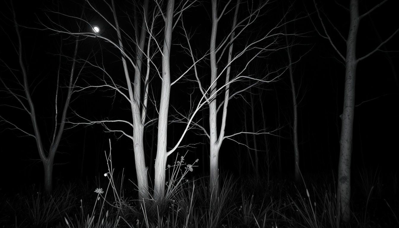 outdoors, tree, night, grass, plant, scenery, nature, forest, branch, dark, bare_tree, A black and white photo of a forest at night, taken from a low angle. the image is a monochrome, with a shallow depth of field that creates a sense of depth and dimension. the trees in the foreground are bare, with no leaves, and their trunks and branches are illuminated by the moonlight, casting a soft glow on the surrounding foliage. the background is dark, with other trees visible in the distance, creating a mysterious atmosphere. the overall mood is eerie and moody, with the contrast between the dark forest and the light creating a striking visual effect.