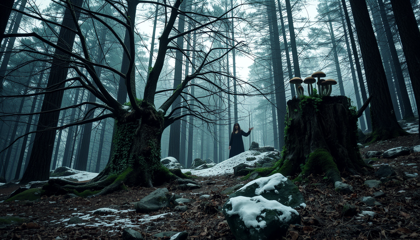 GothicHorror style, - **Forest:** The pine trees are tall, their branches reaching out like skeletal fingers. The forest floor should be littered with pine cones, fallen needles, and patches of ivy creeping over rocks and stumps.  **Details:** Include a large, rotten tree with mushrooms sprouting from its decayed surface. The ground should be uneven, with slopes and scattered rocks, some moss-covered, adding to the eerie, untouched feel of the forest.  **Textures:** Emphasize the rough bark of the trees, the smooth, cold surfaces of the rocks, the soft, crumbling texture of the stump, and the delicate, icy touch of the snow. **Composition:**  Use a low camera angle, looking up through the branches to give a sense of being watched or lost in the forest. - The forest should dominate the foreground, with the witch emerging from the shadows, creating a sense of depth and leading the viewer's eye through the scene. **Mood and Atmosphere:**  The atmosphere should be one of quiet, eerie beauty, with the witch's presence adding a touch of danger and the supernatural. The watercolor should be applied in a way that suggests a misty, almost dreamlike quality, enhancing the surreal and slightly unsettling mood. **Technical Aspects:**  Apply watercolor washes to create a hazy, ethereal background, contrasting with the sharp, detailed charcoal-like rendering of the witch and key forest elements.