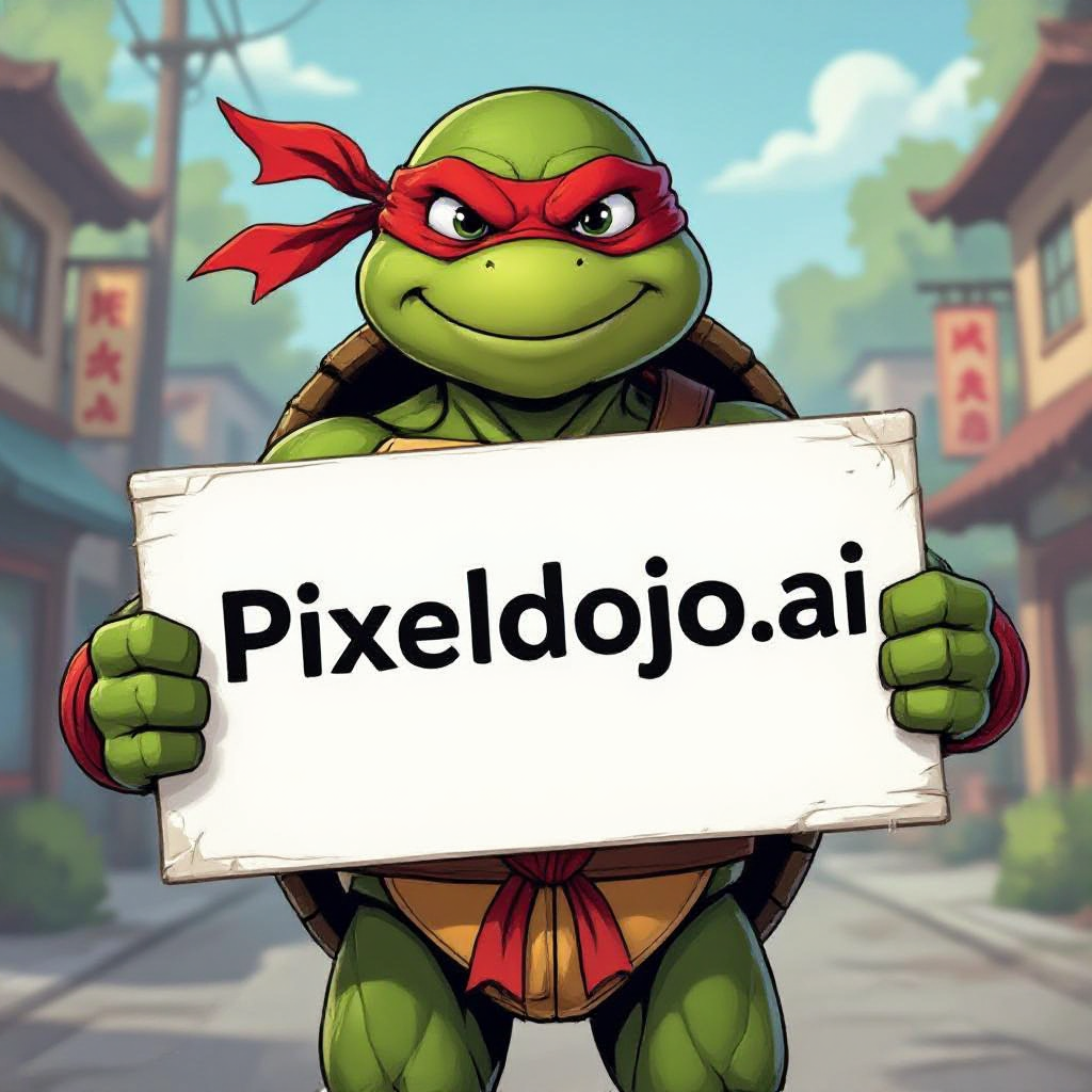 Example: A ninja turtle holding a sign that reads "pixeldojo