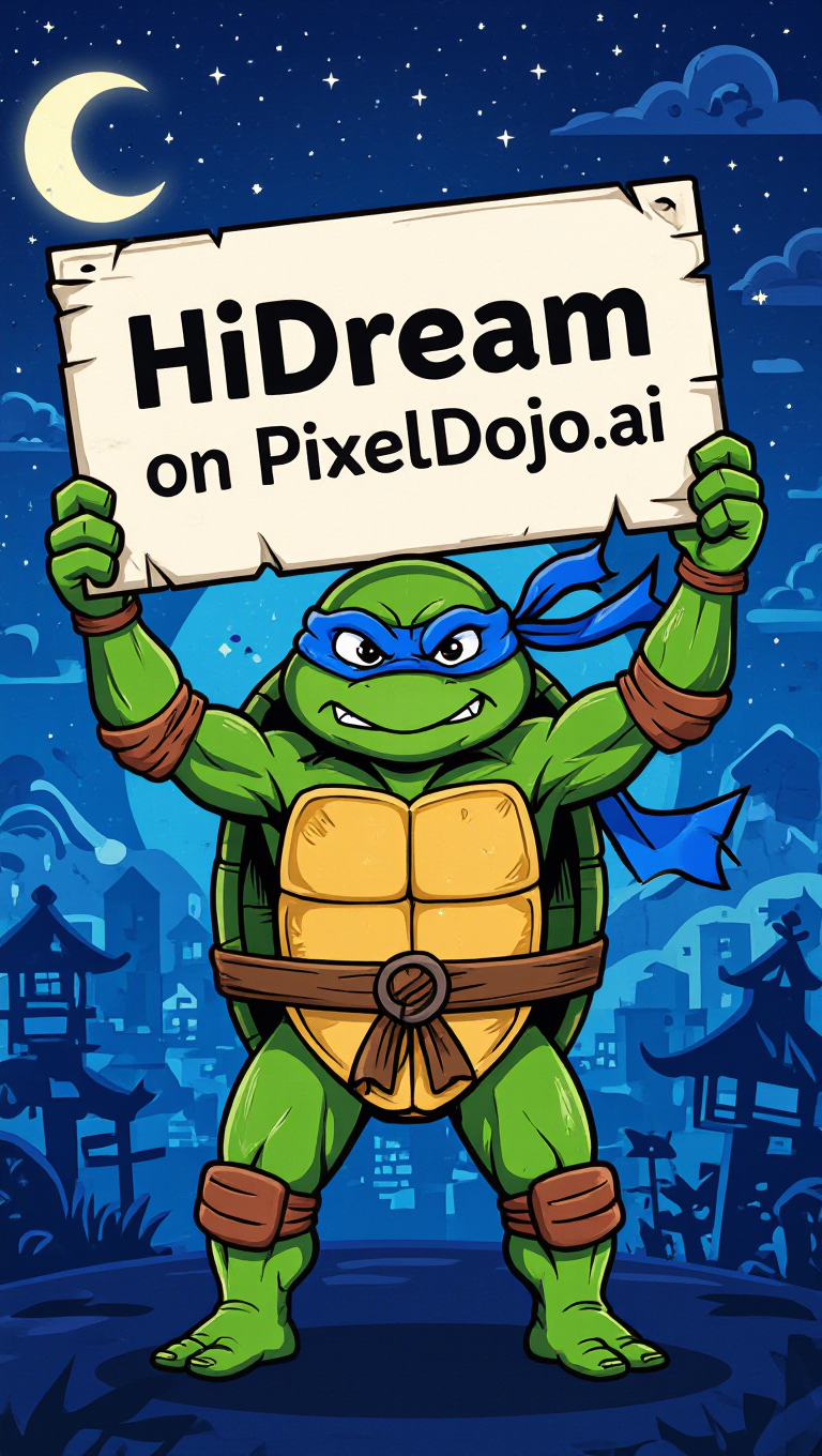 Example: A ninja turtle holding a sign that reads "HiDream on PixelDojo