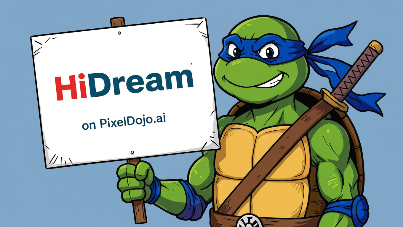 Example: A ninja turtle holding a sign that reads "HiDream on PixelDojo