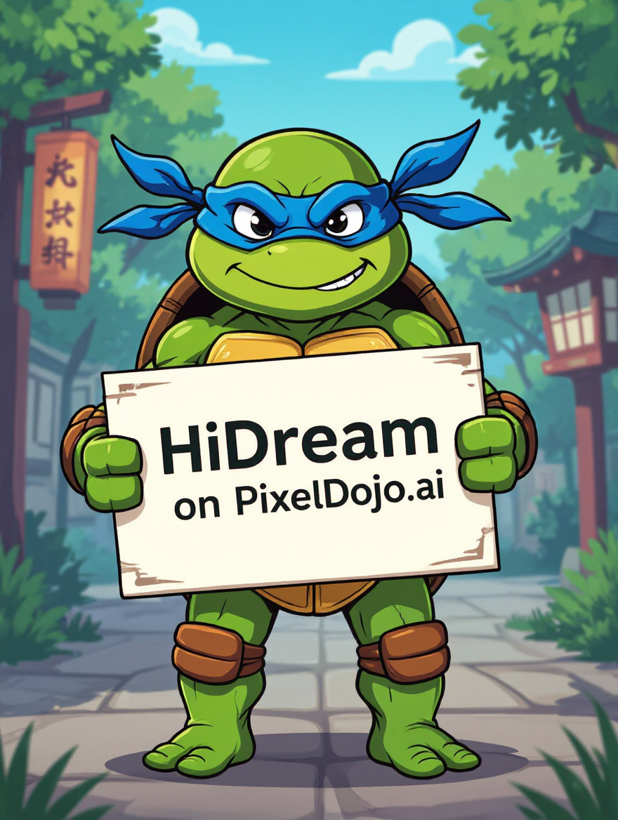 Example: A ninja turtle holding a sign that reads "HiDream on PixelDojo