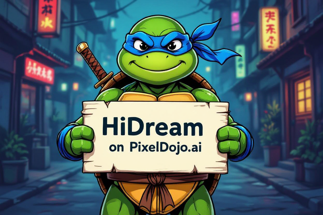 Example: A ninja turtle holding a sign that reads "HiDream on PixelDojo