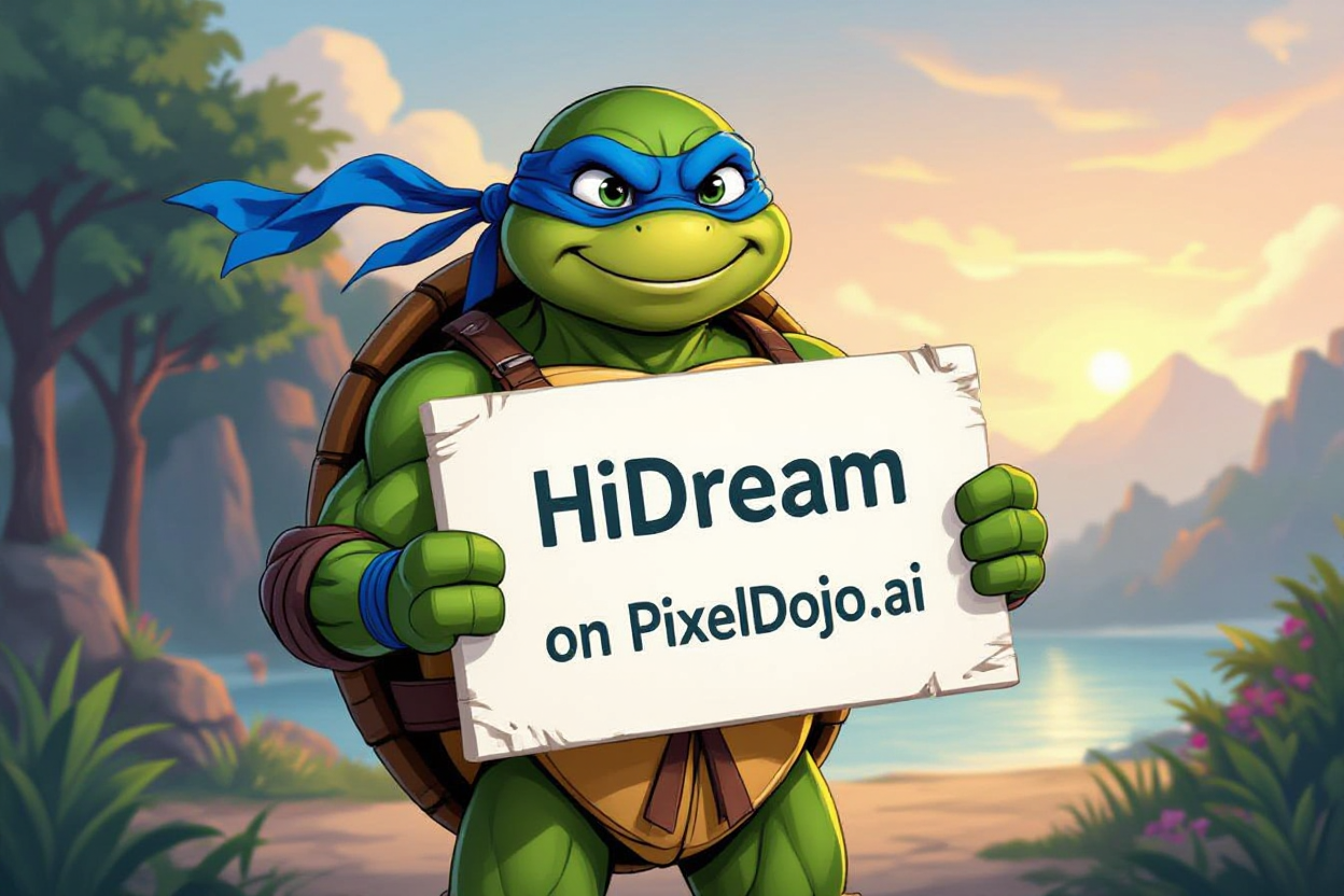 Example: A ninja turtle holding a sign that reads "HiDream on PixelDojo