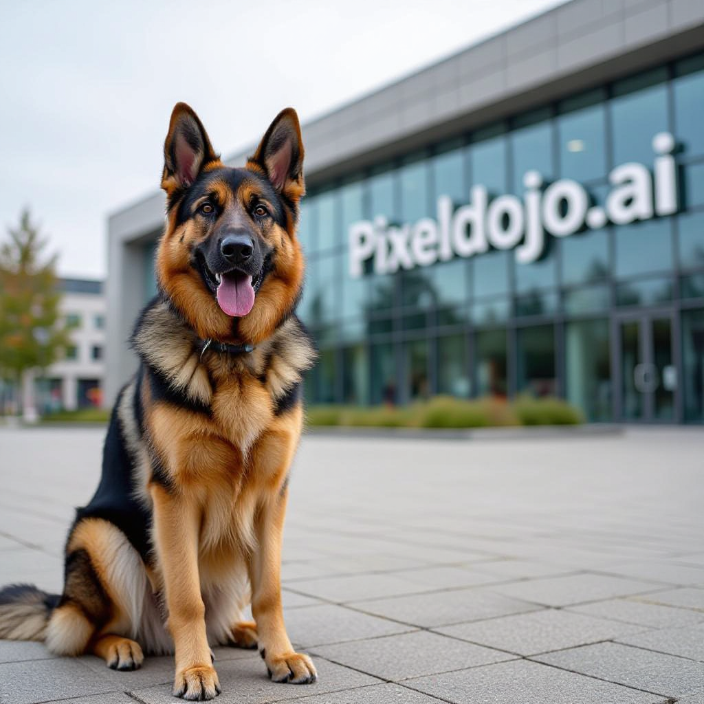 a german shepherd sitting in front of pixeldojo.ai headquarters