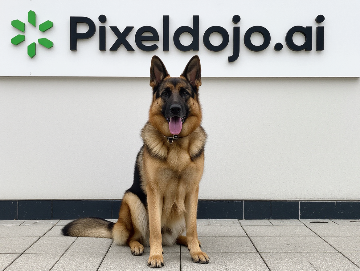 Example: A german shepherd sitting in front of pixeldojo