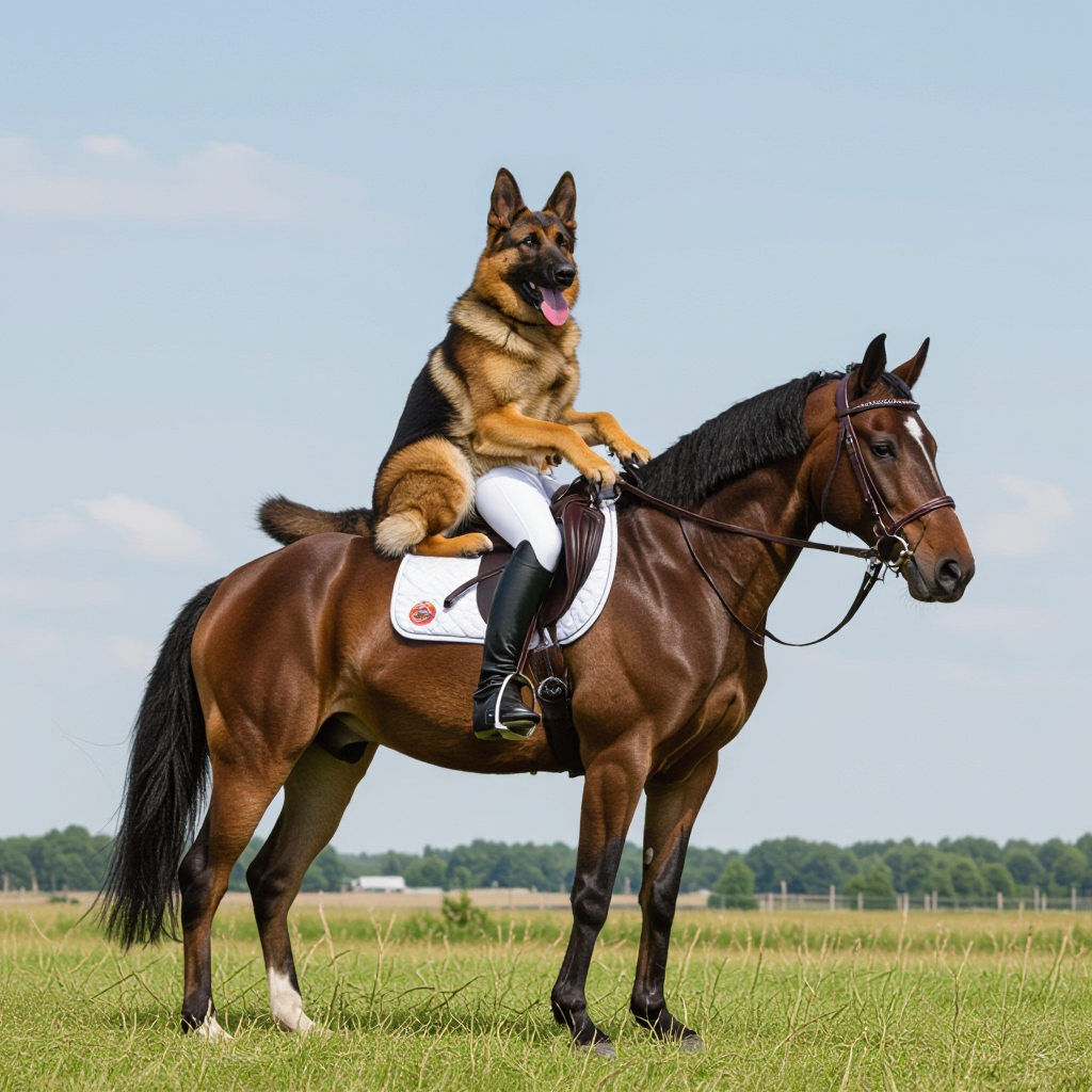 Example: A german shepherd riding a horse