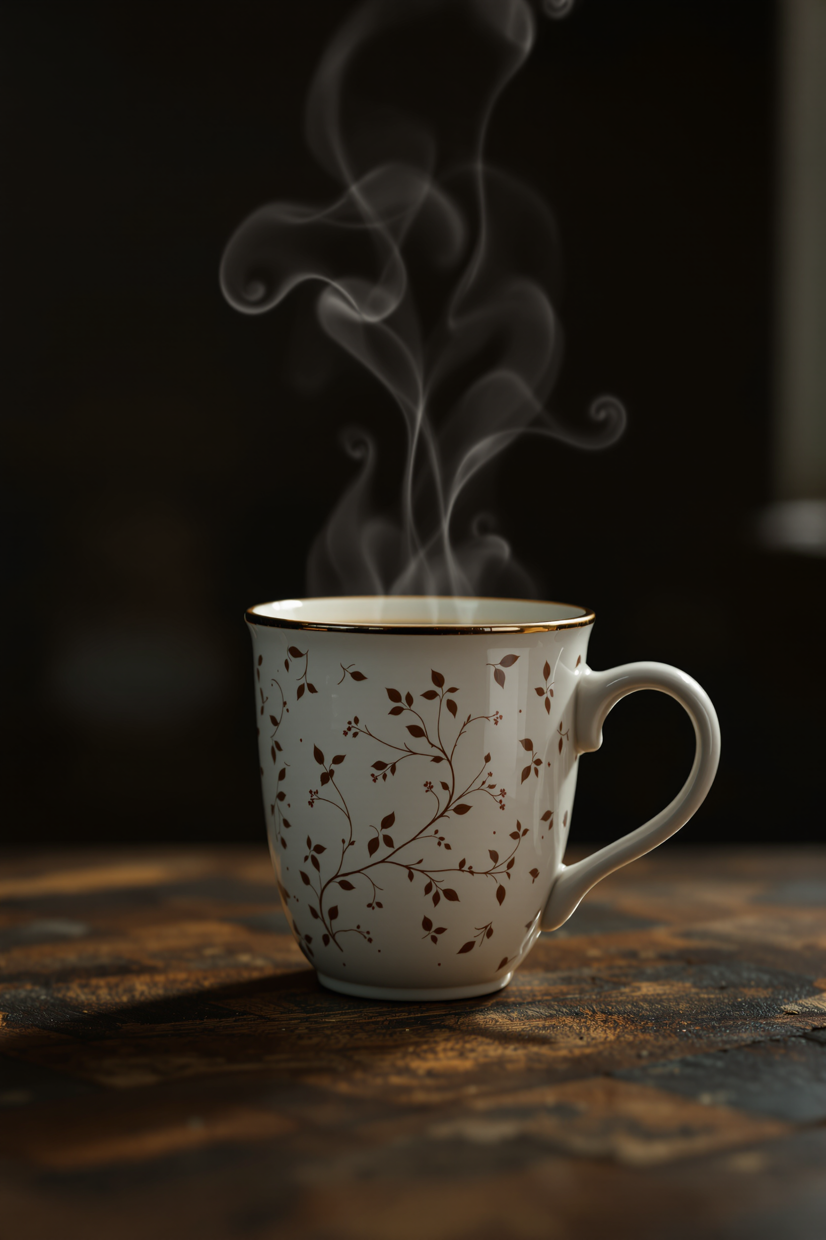 photoshoot in a studio of a standing beautiful coffee mug, in a old style. Like - Shot on 70mm, Ultra-Wide Angle, Depth of Field, Shutter Speed 1/1000, F/22, photorealistic, ultra high detail, lifelike, masterpiece, best quality, highres, sharp image,  ray tracing, godray, 120 fisheye lens