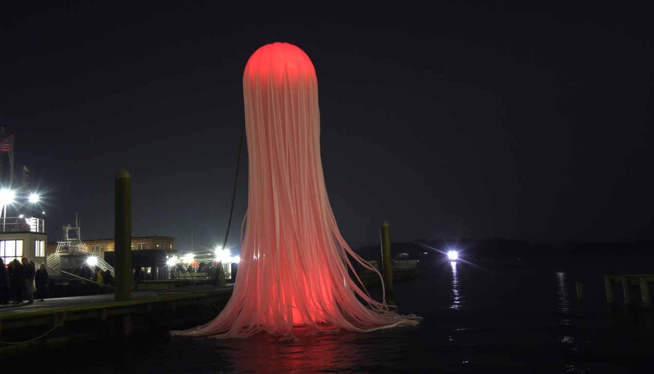 A photo of Fastelavn event, large gelatinous tentacle monster in Roskilde harbor