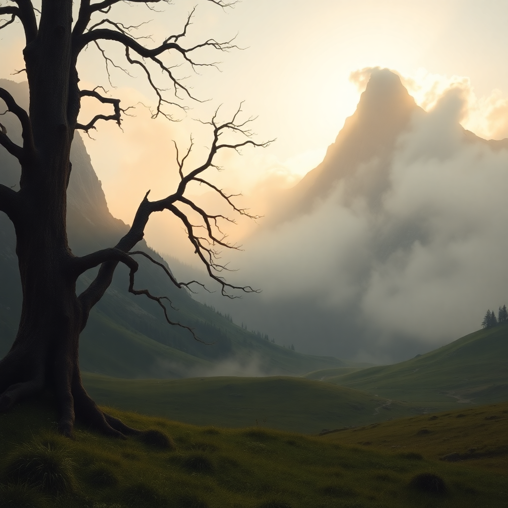 A serene landscape of a misty mountain valley at sunrise, painted in the style of Romanticism, reminiscent of Caspar David Friedrich. The scene features towering, jagged peaks cloaked in soft, ethereal fog, with golden sunlight piercing through the clouds, casting long, dramatic shadows across the lush, emerald-green valley below. The foreground showcases a solitary, ancient oak tree with gnarled branches, its rough bark textured and detailed, standing as a silent witness to the passage of time. The composition centers the tree on the left, with the mountains rising majestically in the background, framed by a low camera angle to emphasize their grandeur. The mood is tranquil yet awe-inspiring, evoking a sense of solitude and connection to nature. The atmosphere is crisp and cool, with hints of dew on the grass and a faint glow of morning light. Rendered with intricate brushwork, high contrast between light and shadow, and a rich color palette of deep greens, warm golds, and soft grays, creating a hyper-realistic yet painterly effect.