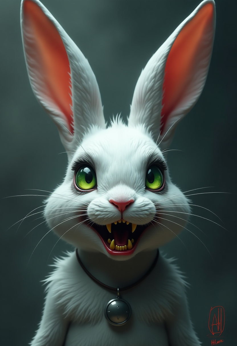 This image features a highly stylized and fantastical depiction of a rabbit. The art style is reminiscent of digital painting with a cinematic quality, utilizing a combination of smooth gradients and sharp contrasts to create a threedimensional effect. The medium appears to be a digital canvas, given the seamless blending of colors and the absence of brush strokes.The rabbit is the central figure, and it is presented in a closeup view that emphasizes its facial features. The creature has long, floppy ears that are a mix of white and a reddishorange hue, with the inner ear appearing to be a fiery orange. The fur is predominantly white with gray shading, giving it a realistic texture and volume. The fur is particularly detailed on the creatures snout, where the shading transitions from a dark gray at the tip to a lighter gray towards the cheeks.The rabbits eyes are the most striking feature, with a vivid green color that stands out against the darker tones of the face. The eyes are wide open, and the pupils are small, giving them a somewhat menacing appearance. The irises are detailed with a gradient of green shades, and the sclera is a pale white, which adds to the eerie effect.The creatures mouth is wide open, revealing a set of sharp, yellow teeth with jagged edges. The teeth are slightly misaligned, adding to the unsettling nature of the expression. The teeth are highlighted with a touch of red, giving them a more realistic and gory appearance.Around the neck, there is a small, reflective object that resembles a pendant or charm. It is a simple, silvercolored disc with a slight sheen, which contrasts with the darker tones of the creatures fur.The background of the image is intentionally blurred, with a smoky, grayishblue color palette that gives the impression of a dark, ominous environment. This choice of background focuses the viewers attention on the rabbits face, which is the primary subject of the image.Overall, the image conveys a sense of mystery and foreboding, achieved through the use of dramatic lighting, contrasting colors, and the rabbits menacing facial expression. The art style and the choice of subject matter suggest that this image could be part of a larger narrative or a conceptual piece rather than a representation of a reallife creature.