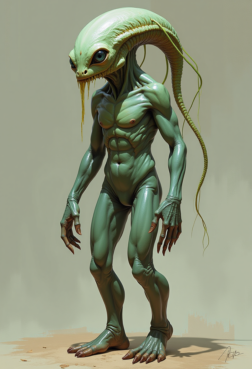 Velvaxians Physical Description: Velvaxians are a primitive alien humanoid species with rubbery, semi-translucent skin that changes color based on their emotions and environmental stimuli. Their skin is smooth and slightly glossy, with a flexible, almost gelatinous texture that allows them to stretch and conform to different shapes. Instead of hair, they have long, flexible tendrils that grow from the top of their heads. These tendrils are a mix of semi-solid and liquid.