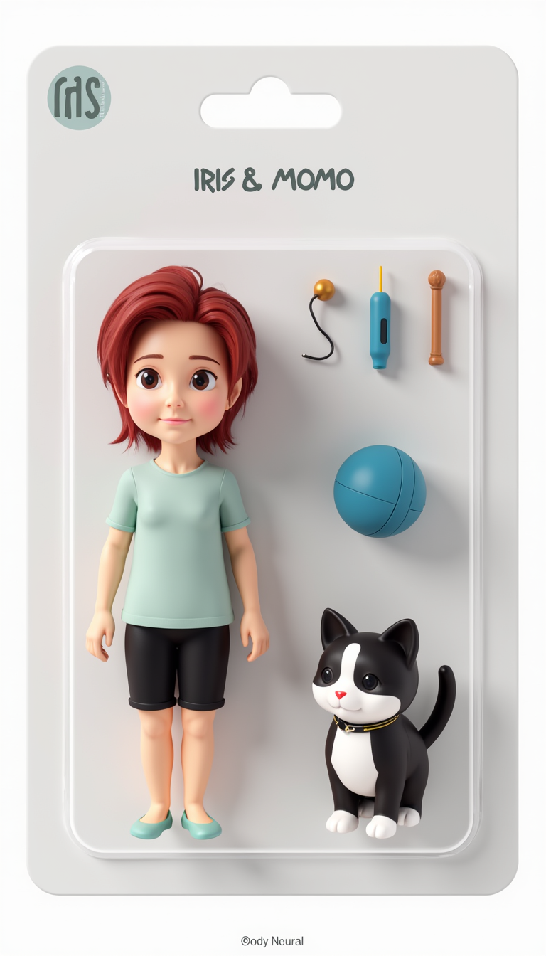 I_body_neutral, Create a 3D collectible toy-style action figure set titled “IRIS” in a clear plastic blister package with a minimalist white design. The packaging should look store-ready, clean, and cartoonish. Charlotte is a woman styled in a similar 3D, soft, minimal look figure (simple features, smooth textures). She has short dark red messy red hair. Momo is a black and white cat. He’s wearing a collar, and a lead. Include dog-walking accessories inside the packaging: a blue cat ball, , a tug toy, and a stick. Text at the top of the packaging: “IRIS & MOMO” . The overall vibe should be clean, collectible, cute, and ready for display. Think designer toy aesthetics—simple, stylized, and professional.