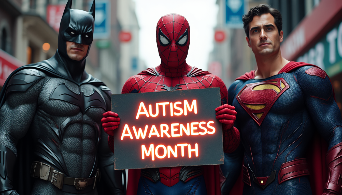 Batman, Spiderman, and Superman standing together, photorealistic likeness, highly detailed, photo. They are holding a large sign that reads "Autism Awareness Month" in bold neon letters. 