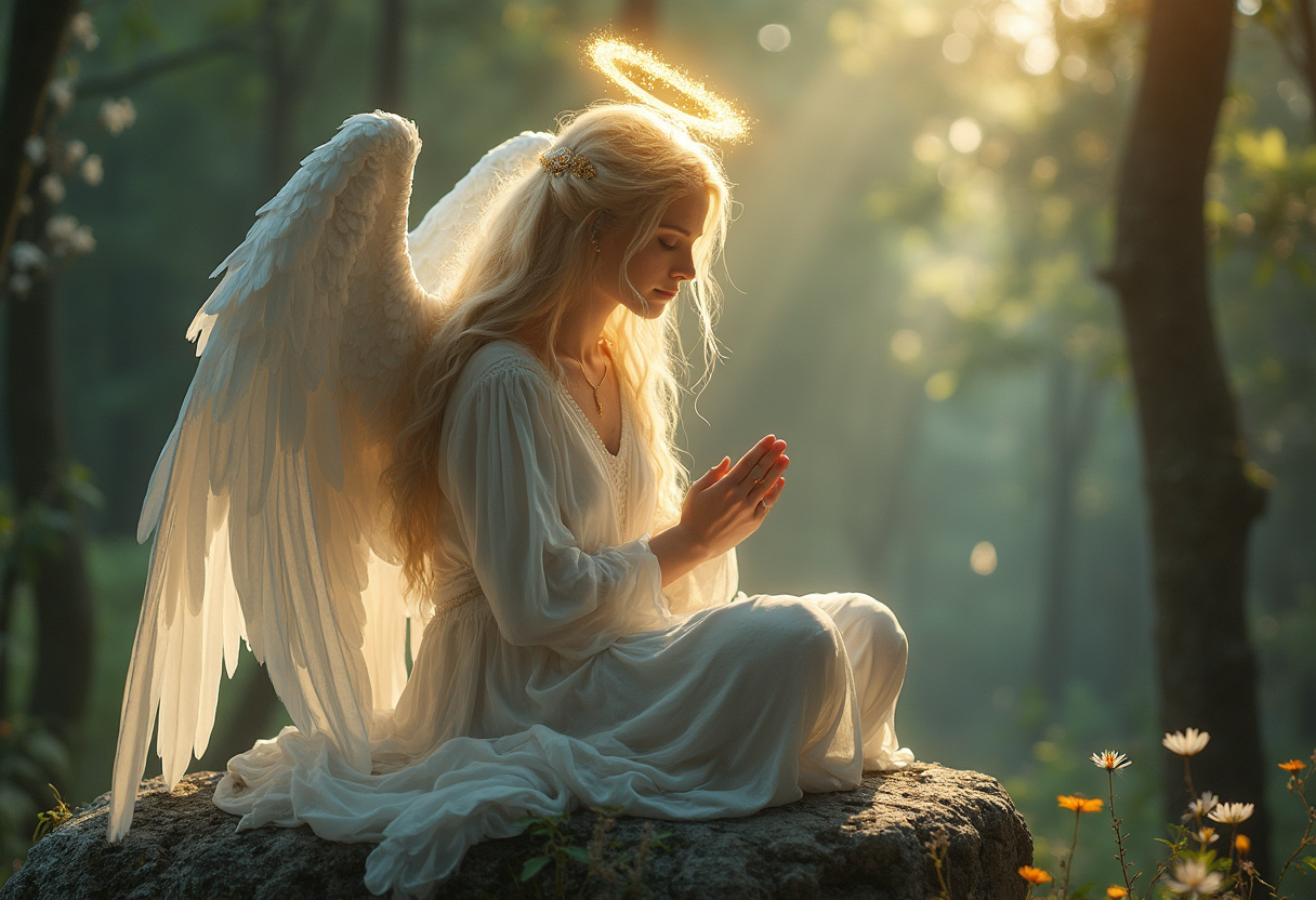 A beautiful female angel sitting on a big rock and praying, close eyes, shimmering effect light ash blond hair, white and golden angel feathered wing, bg forest glowing of the angel's halo on top of the angels head, flowers metallic colors, a glittering Indian ink wash, Prisma chalk, ammolite, bioluminescence, ultra detail, cinematic, 4k, perfect details