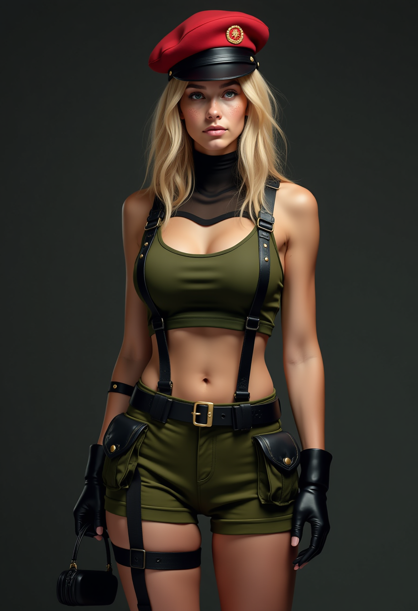 This photo features a young woman 18 years dressed in a military inspired costume, standing against a dark gray background. The costume is a mix of olive green and black, with a high neckline and a cropped top that reveals the midriff. The top has a small red emblem on the left side, which appears to be a stylized shield or crest. The woman has blonde hair, freckles, cute, is also wearing a pair of high waisted shorts with a similar color scheme, detailed with black suspenders and a belt with a gold buckle. The shorts have a thigh-high slit, and the person is wearing black thigh-high stockings with a similar design to the suspenders.The person is accessorized with a red beret, which has a black band and a small red emblem on the front. They are also wearing black gloves that reach just past the wrists, and a black utility belt with pouches on the front. The person is holding a black, cylindrical object, which could be a prop or accessory related to the costume.The art style of the image is realistic with a focus on lighting and shadow to give depth and dimension to the costume and the persons pose. The medium appears to be a photograph, given the clarity and texture of the image. The colors are muted, with the olive green and black creating a military palette, accented by the bright red of the beret and emblem. The lighting is dramatic, with the person standing in a spotlight against the dark background, which highlights the details of the costume and the persons physique. Flash bulb effect