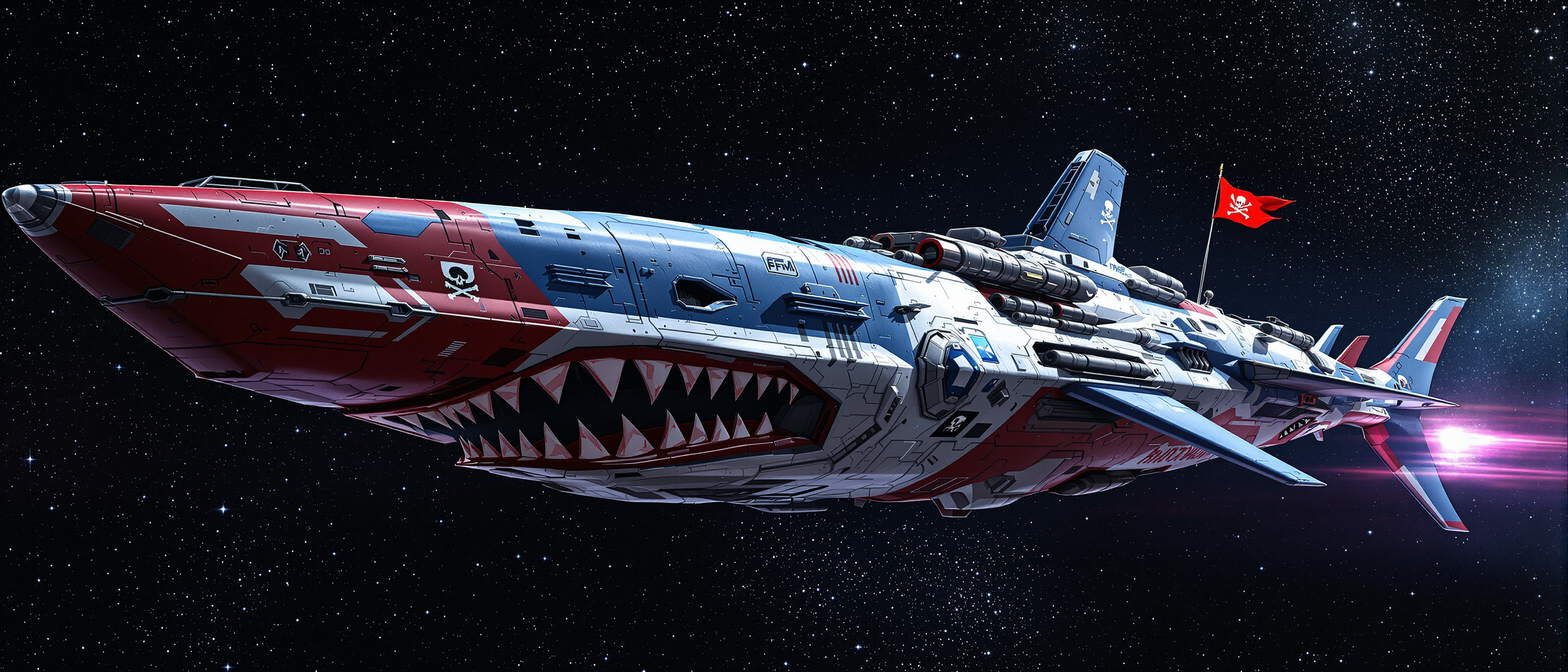 Shark is a fierce-looking space battleship with a sharp and streamlined appearance. The bow is like a shark's sharp teeth, covered with metal armor and skull patterns, covered with technical logos and signs of wear and tear. The edge of the red, white and blue paint job is faintly flickering with energy veins, and a bright red pirate flag is hung at the tail. It shuttles through the starry sea like a predator, with the background being the deep space full of stars, with dazzling energy portals or warp channels
