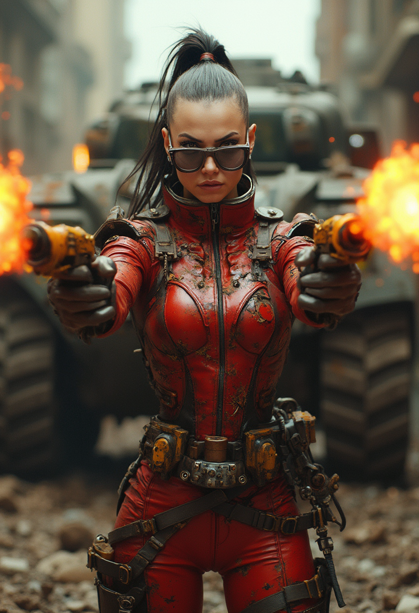 ultradetailed and dynamic: A steampunk bald warrior with a ponytail on the back of her head stands against a backdrop of ruins, in a tense post-apocalyptic atmosphere.  Her facial expression is fierce and menacing, with perfectly detailed skin and expressive eyes behind large, square, horn-rimmed glasses.  A metal-celadon-red suit with numerous details indicating damage and scratches - hugs the body, gleaming in the light of the fire.  In both hands she holds battered, yellow and black rifles, from which she shoots fireballs at the viewer.  Behind her in the background, a post-apocalyptic vehicle similar to a tank moves laboriously.  hd image 8k.utopia.chiaroscuro.