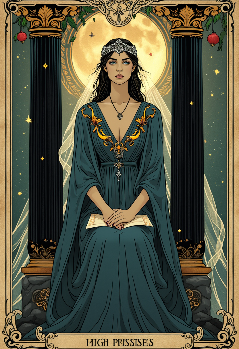 A stunning tarot card design of "The High Priestess" in the elegant Art Nouveau style, featuring a serene and mystical woman seated between two ornate pillars, one black and one white, symbolizing duality. She wears a flowing, deep indigo robe adorned with intricate, golden crescent moon motifs and delicate floral patterns, her head crowned with a silver diadem that glimmers softly. Behind her, a shimmering veil embroidered with pomegranates and palm leaves cascades down, representing hidden knowledge and fertility, illuminated by a soft, ethereal glow. The background is a rich tapestry of stylized, curving lines and organic forms in muted greens, blues, and golds, evoking the natural beauty and mysticism of the Art Nouveau movement. The composition is symmetrical and balanced, with the High Priestess centered as the focal point, her gaze calm and introspective, hands resting on an ancient scroll in her lap. The lighting is gentle and diffused, casting a dreamlike ambiance, as if bathed in moonlight during a quiet, starry night. The mood is enigmatic and spiritual, with an atmosphere of profound wisdom and secrecy. Highly detailed linework and ornate textures emphasize the decorative elegance of the era, rendered with a vintage, hand-illustrated quality, as if printed on aged parchment with subtle wear at the edges.